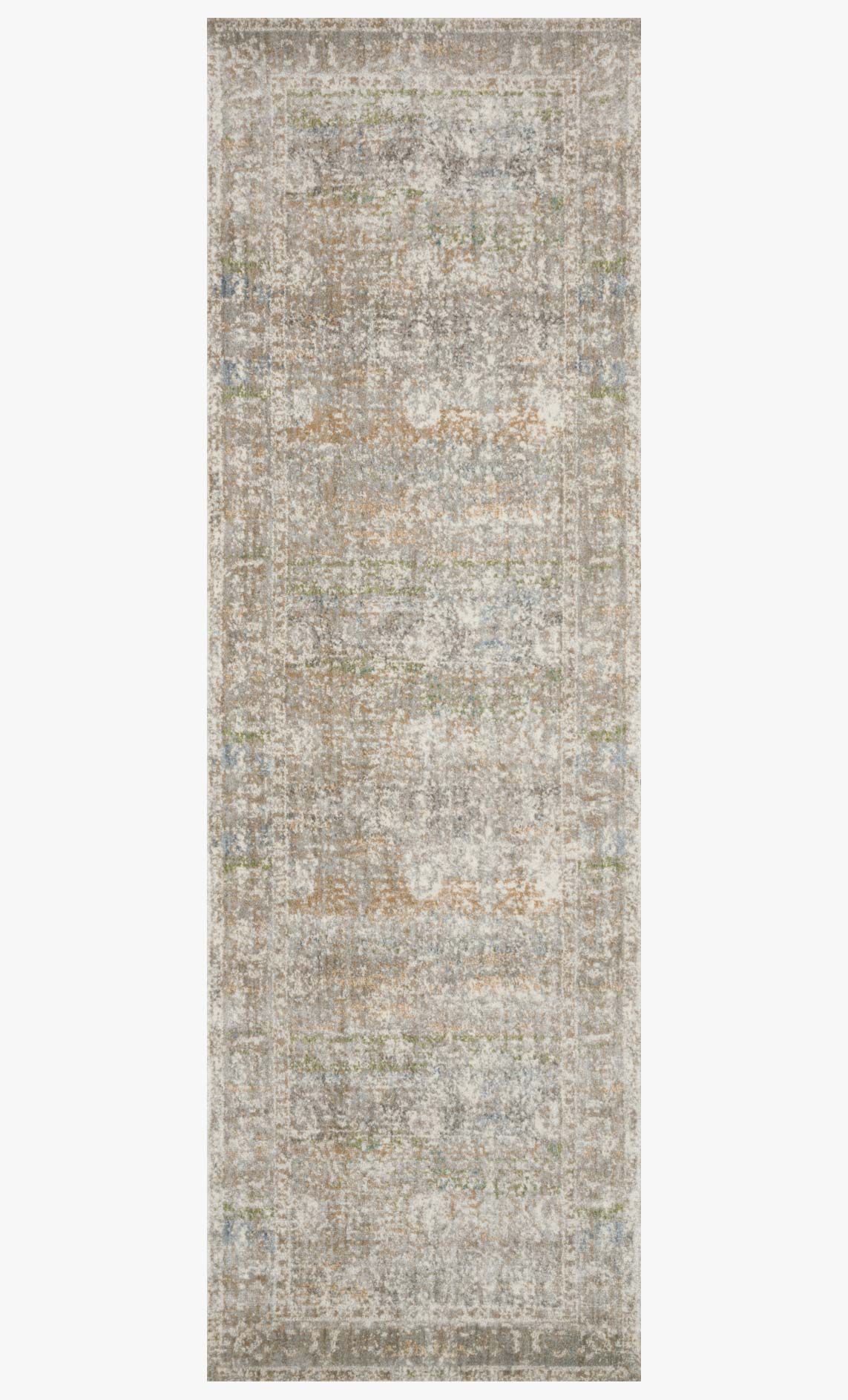 Grey rectangular power-loomed rug with distressed allover pattern and subtle tan flecks.