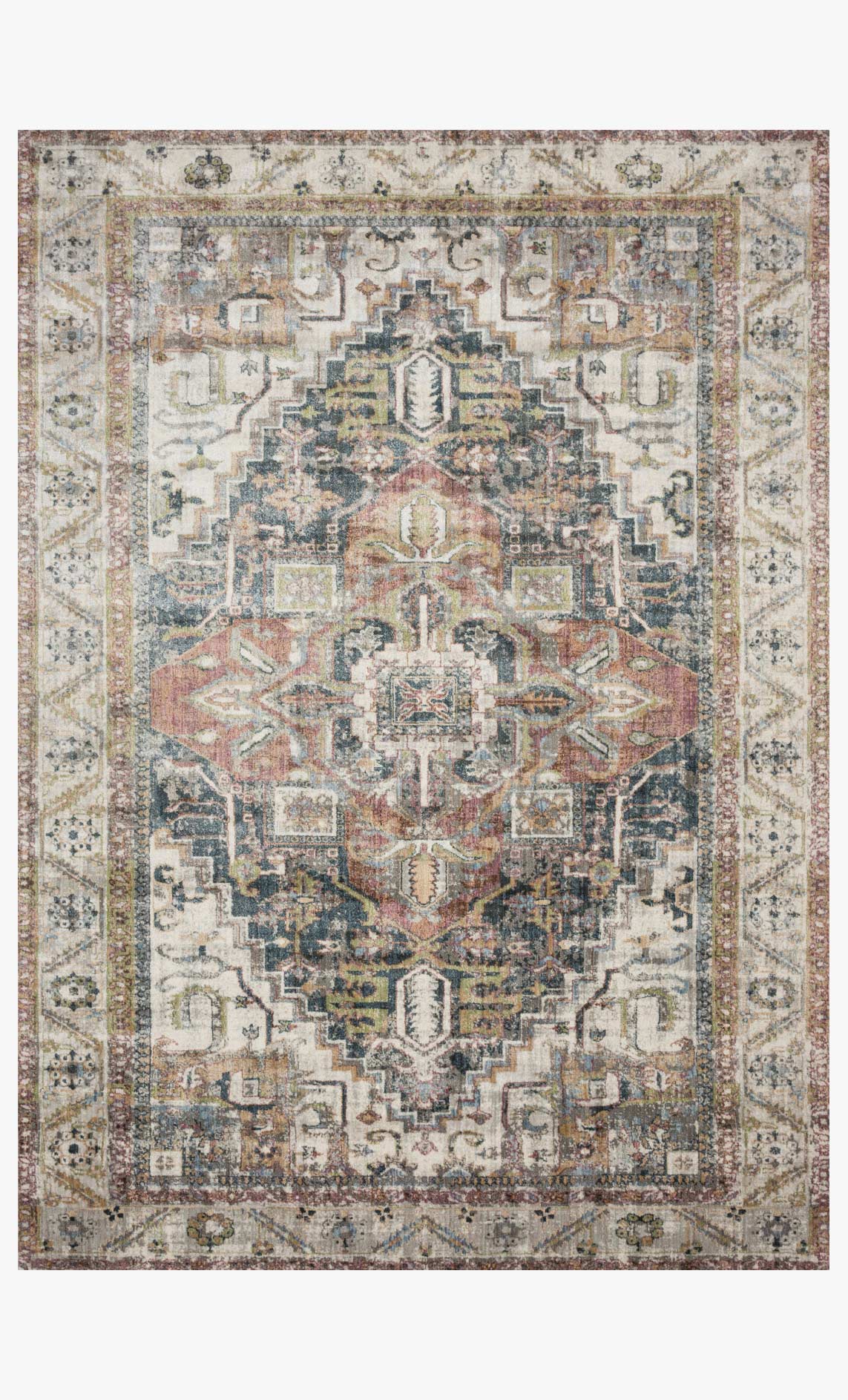Transitional power-loomed rug with ivory base and ornate multicolor central medallion