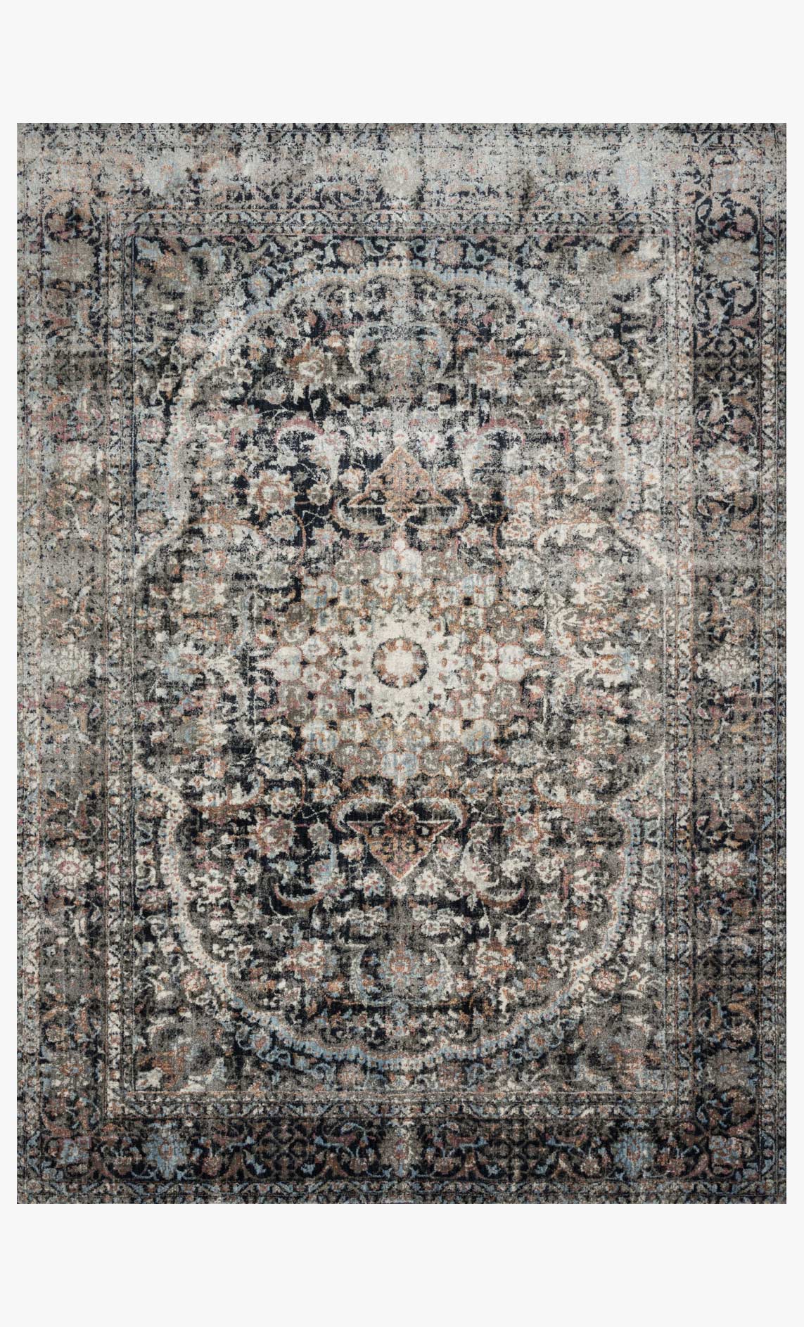 Charcoal distressed power-loomed rug with ornate medallion and scrolling pattern