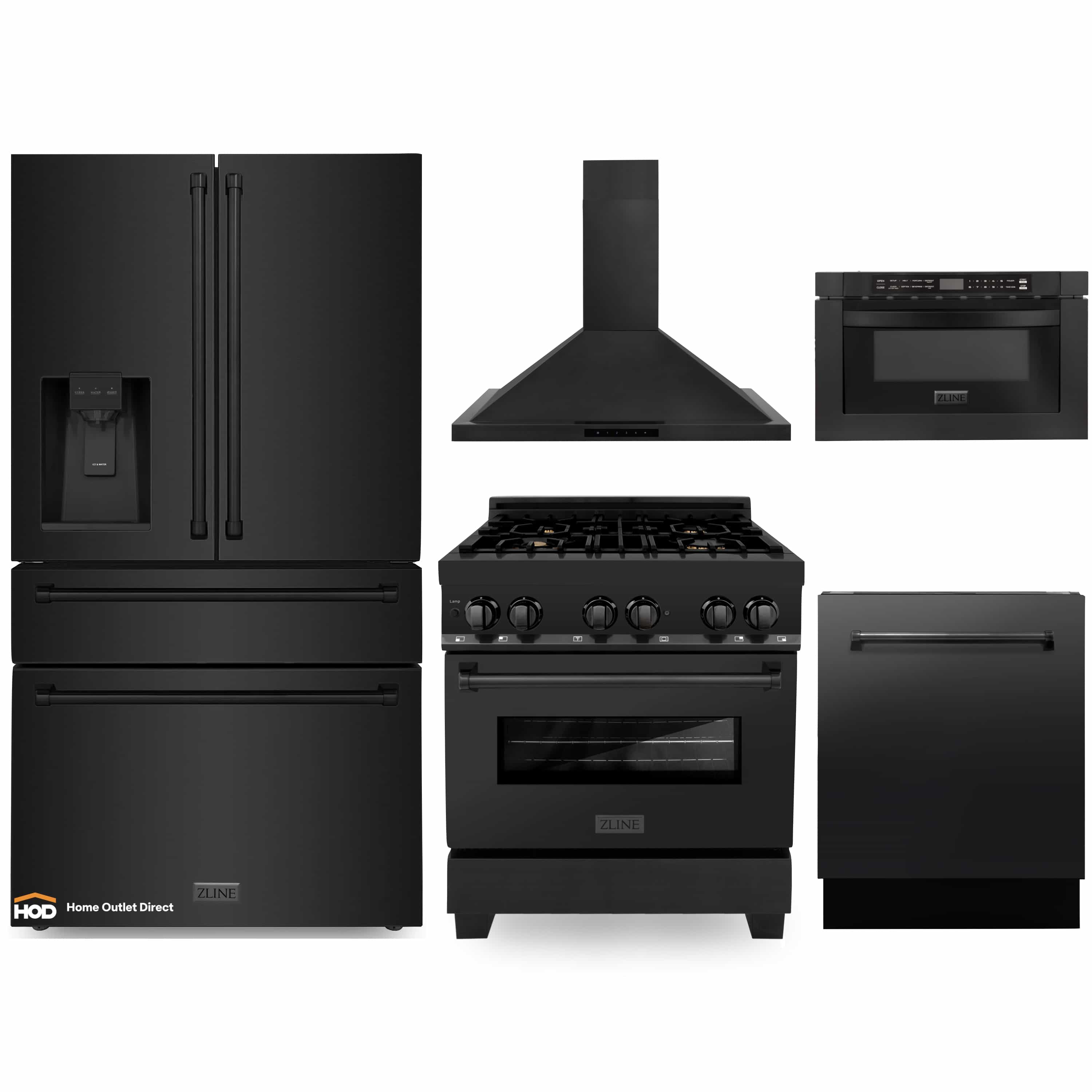 Black stainless steel appliance package set with range, hood, microwave, refrigerator, and dishwasher