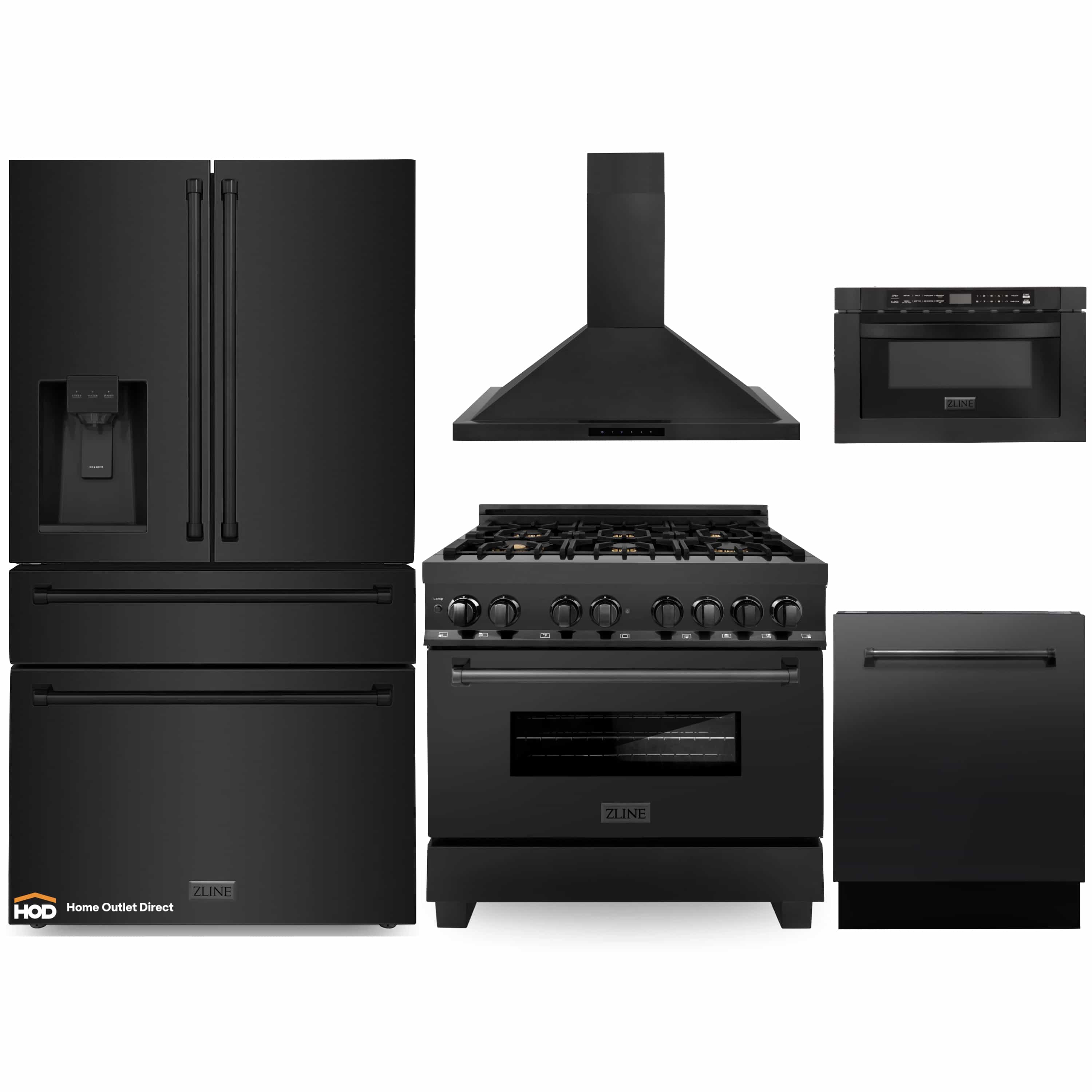 Black stainless steel appliance package: range, hood, refrigerator, microwave drawer, dishwasher