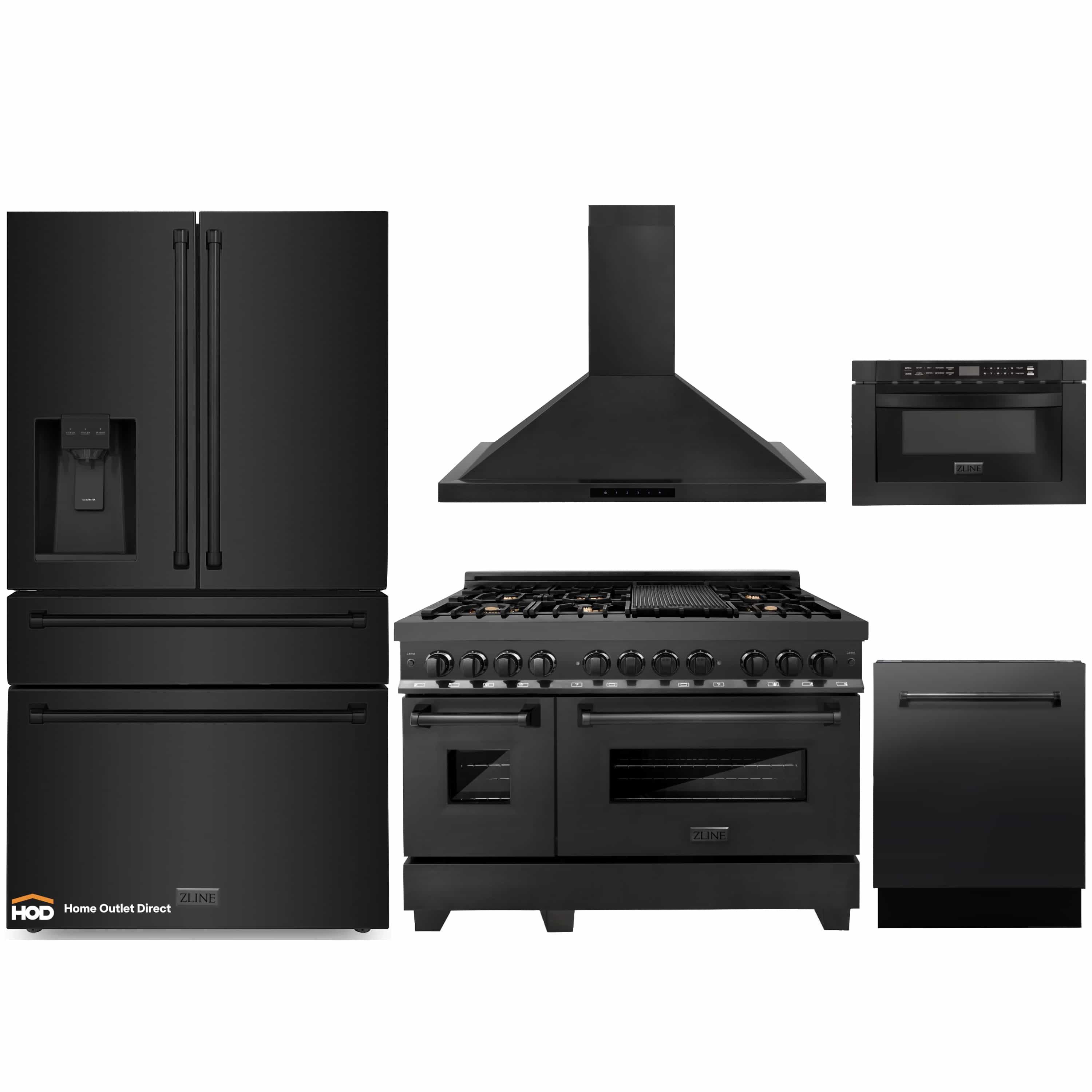Black appliance package showing range, hood, refrigerator, microwave drawer, dishwasher