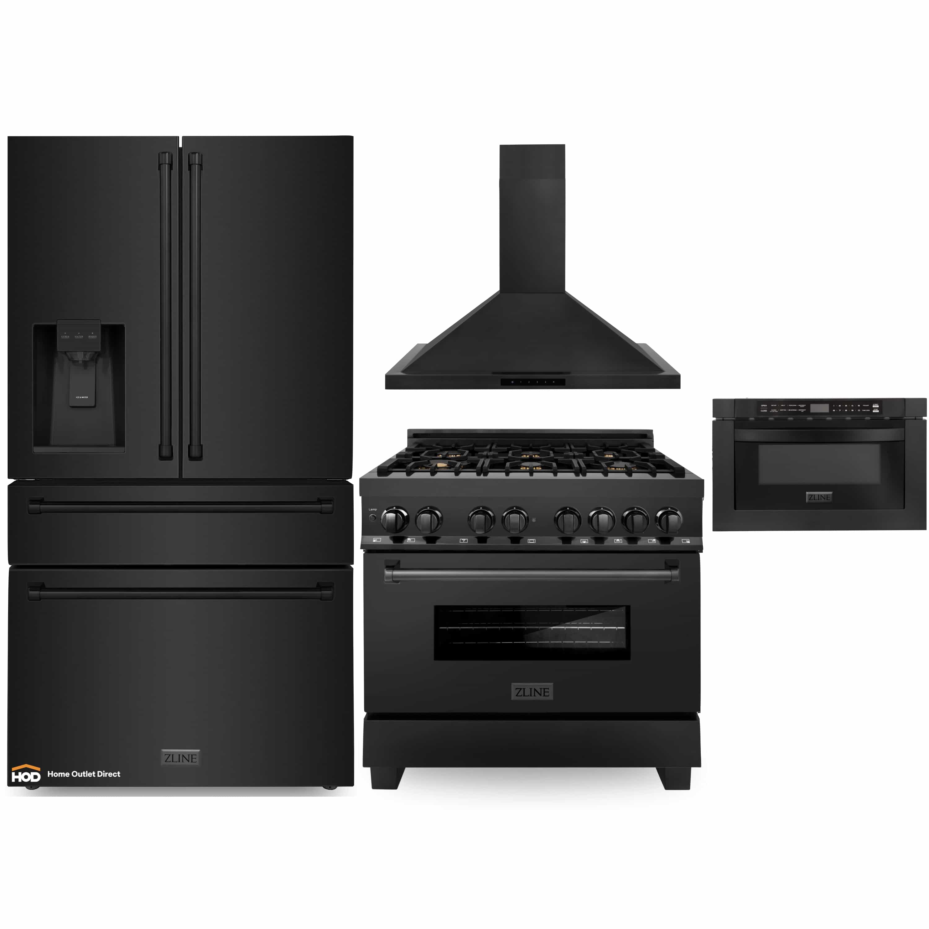 Black appliance set featuring refrigerator, range with burners, wall oven, and wall hood