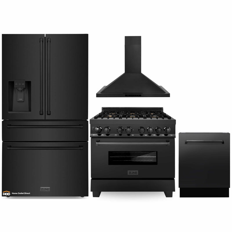 ZLINE 4-Piece Appliance Package - 36-Inch Dual Fuel Range with Brass Burners, Refrigerator with Water Dispenser, Convertible Wall Mount Hood, and 3-Rack Dishwasher in Black Stainless Steel (4KPRW-RABRH36-DWV)