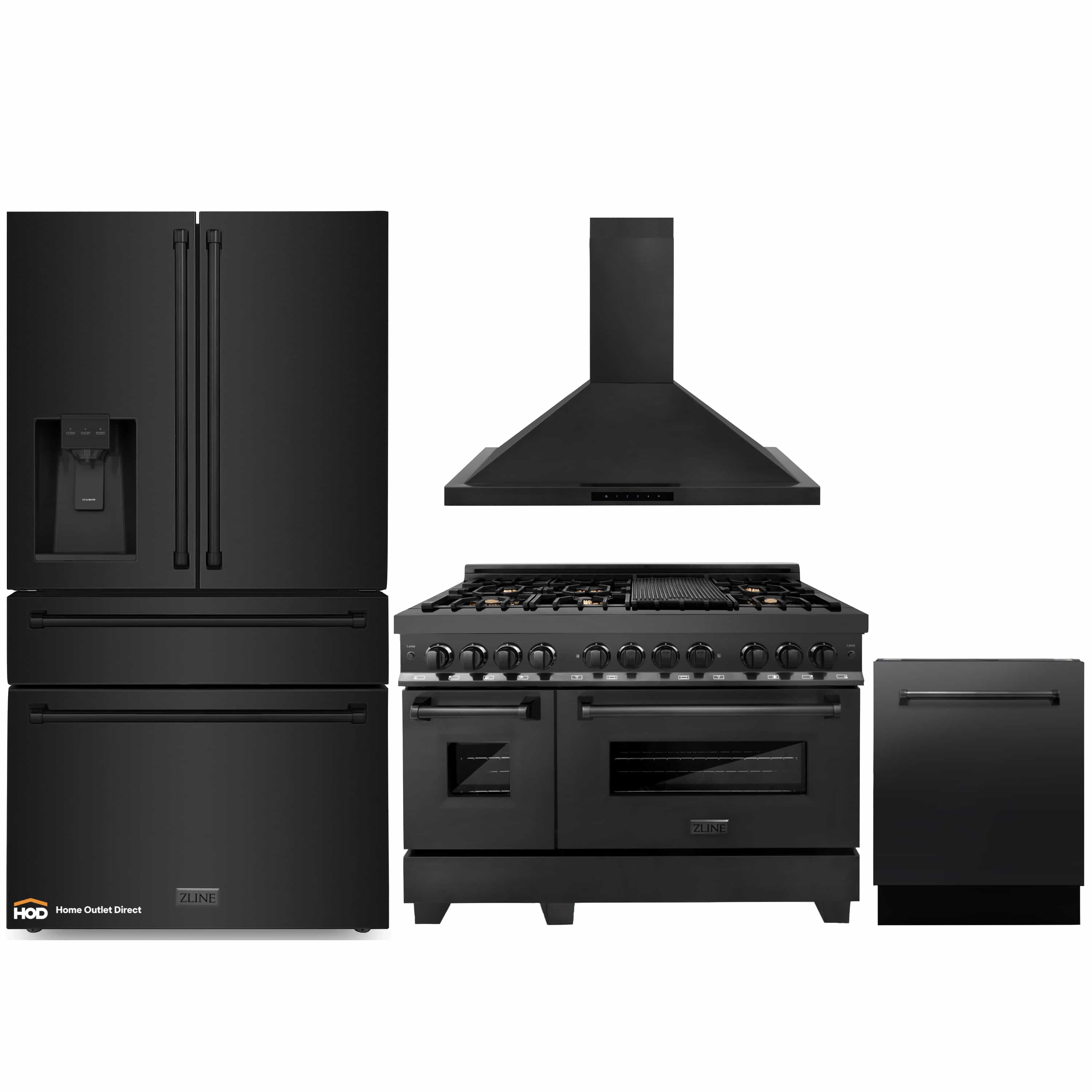 Black kitchen appliance set: range with hood and refrigerator with water dispenser