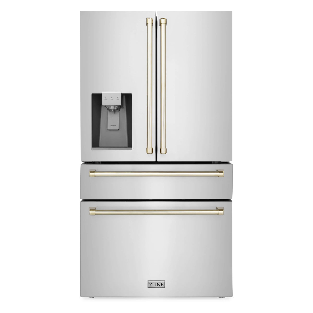 Stainless steel refrigerator with water dispenser and gold-trim door handles