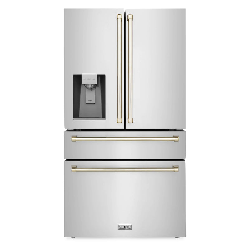 ZLINE Autograph Edition 4-Piece Appliance Package - 36-Inch Gas Range, Refrigerator with Water Dispenser, Wall Mounted Range Hood, & 24-Inch Tall Tub Dishwasher in Stainless Steel with Gold Trim (4AKPR-RGRHDWM36-G)