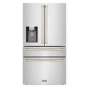 ZLINE Autograph Edition 4-Piece Appliance Package - 48-Inch Stainless Steel Gas Range, Refrigerator with Water Dispenser, Wall Mounted Range Hood, & 24-Inch Tall Tub Dishwasher in White Matte and Gold Accents (4AKPR-SGRWMRHDWM48-G)