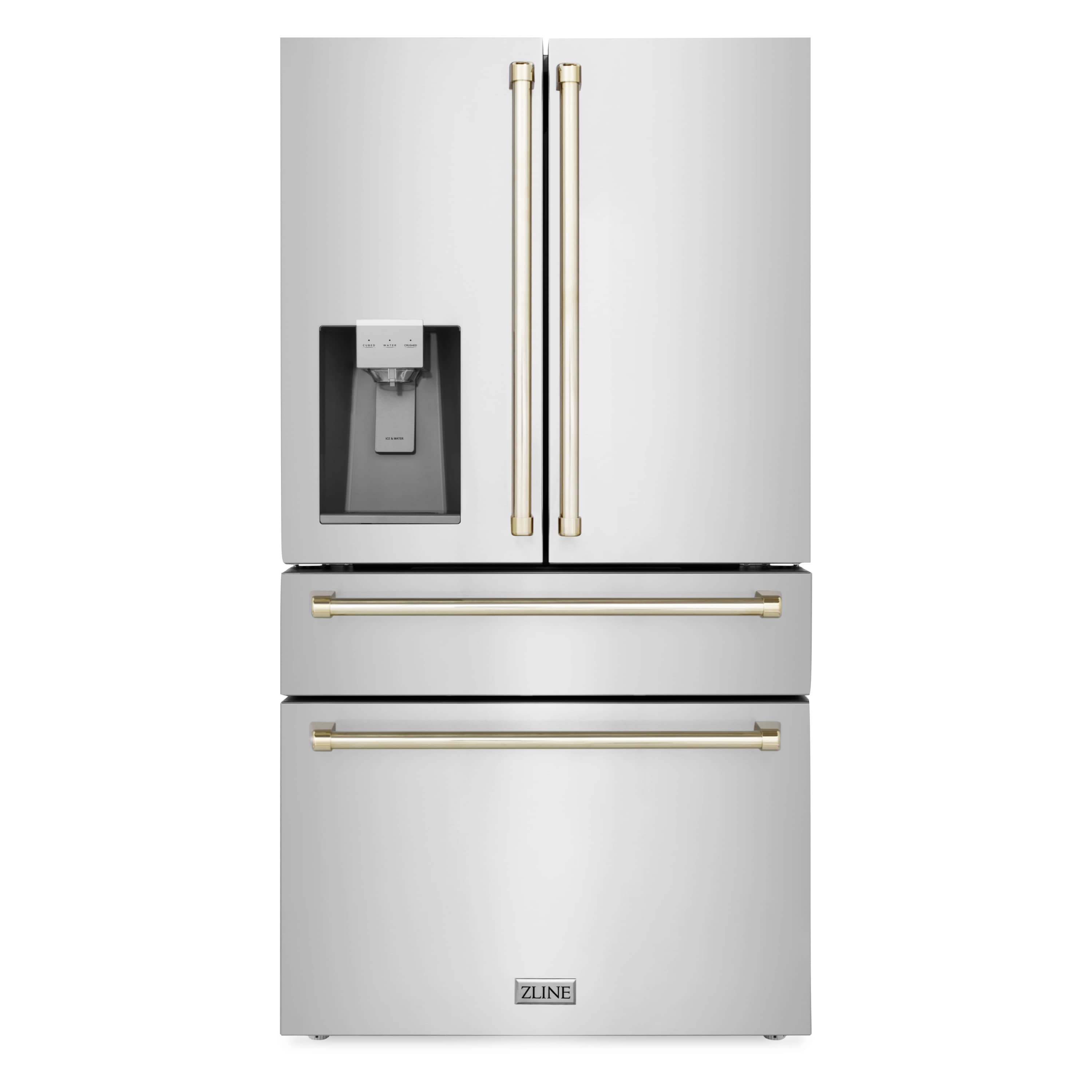 Stainless steel refrigerator with water dispenser and gold-accent vertical handles