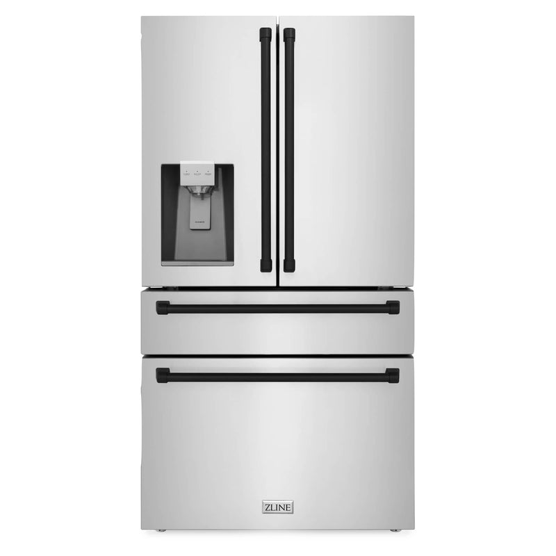 ZLINE Autograph Edition 4-Piece Appliance Package - 36-Inch Dual Fuel Range, Refrigerator with Water Dispenser, Wall Mounted Range Hood, & 24-Inch Tall Tub Dishwasher in Stainless Steel with Matte Black Trim (4AKPR-RARHDWM36-MB)
