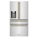 ZLINE Autograph Edition 4-Piece Appliance Package - 30-Inch Dual Fuel Range, Refrigerator with Water Dispenser, Wall Mounted Range Hood, & 24-Inch Tall Tub Dishwasher in Stainless Steel with Champagne Bronze Trim (4AKPR-RARHDWM30-CB)