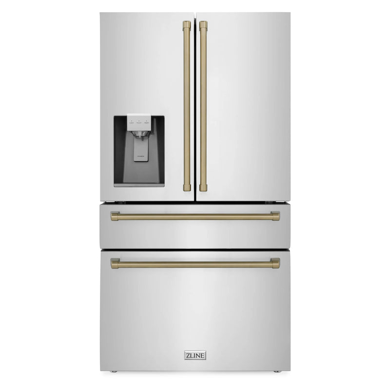 ZLINE Autograph Edition 4-Piece Appliance Package - 36-Inch Dual Fuel Range, Refrigerator with Water Dispenser, Wall Mounted Range Hood, & 24-Inch Tall Tub Dishwasher in Stainless Steel with Champagne Bronze Trim (4AKPR-RARHDWM36-CB)