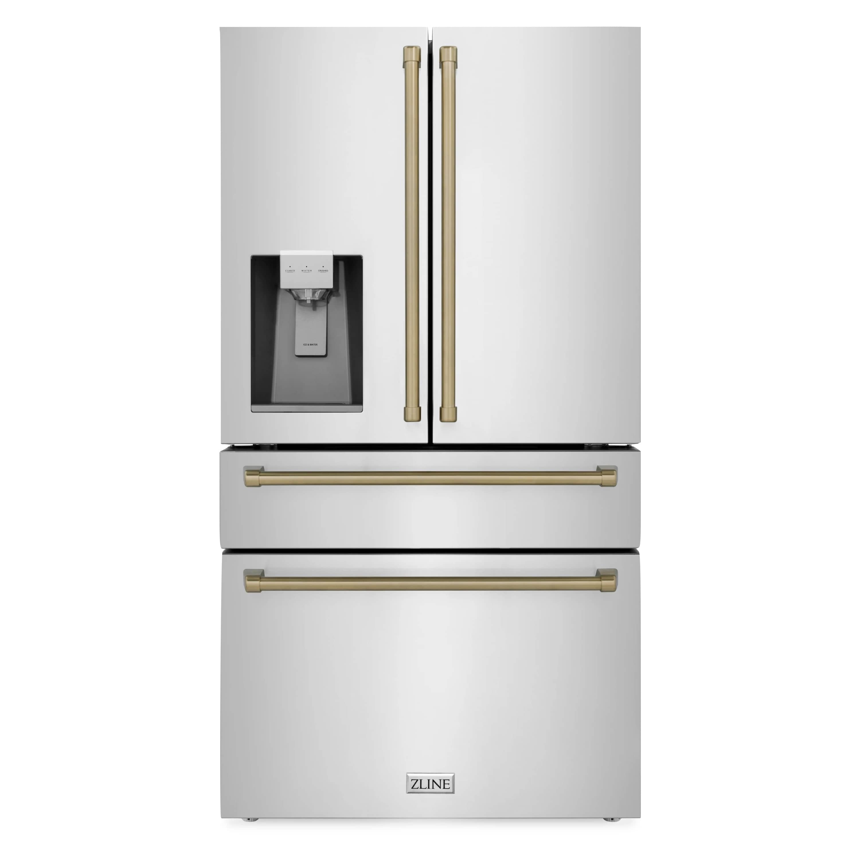 Stainless steel refrigerator with water dispenser and champagne bronze handles