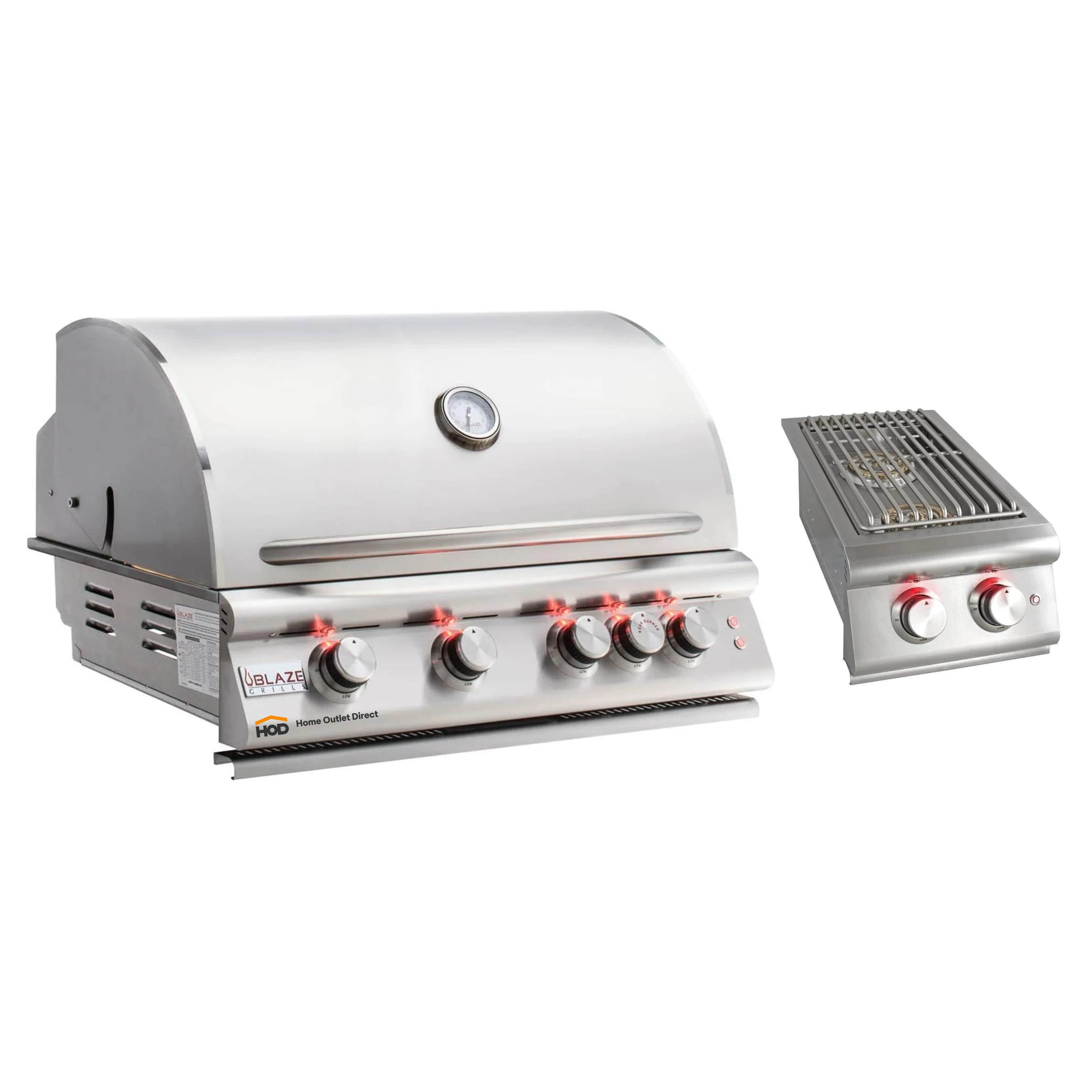 Stainless steel built-in natural gas grill with side burner and control knobs
