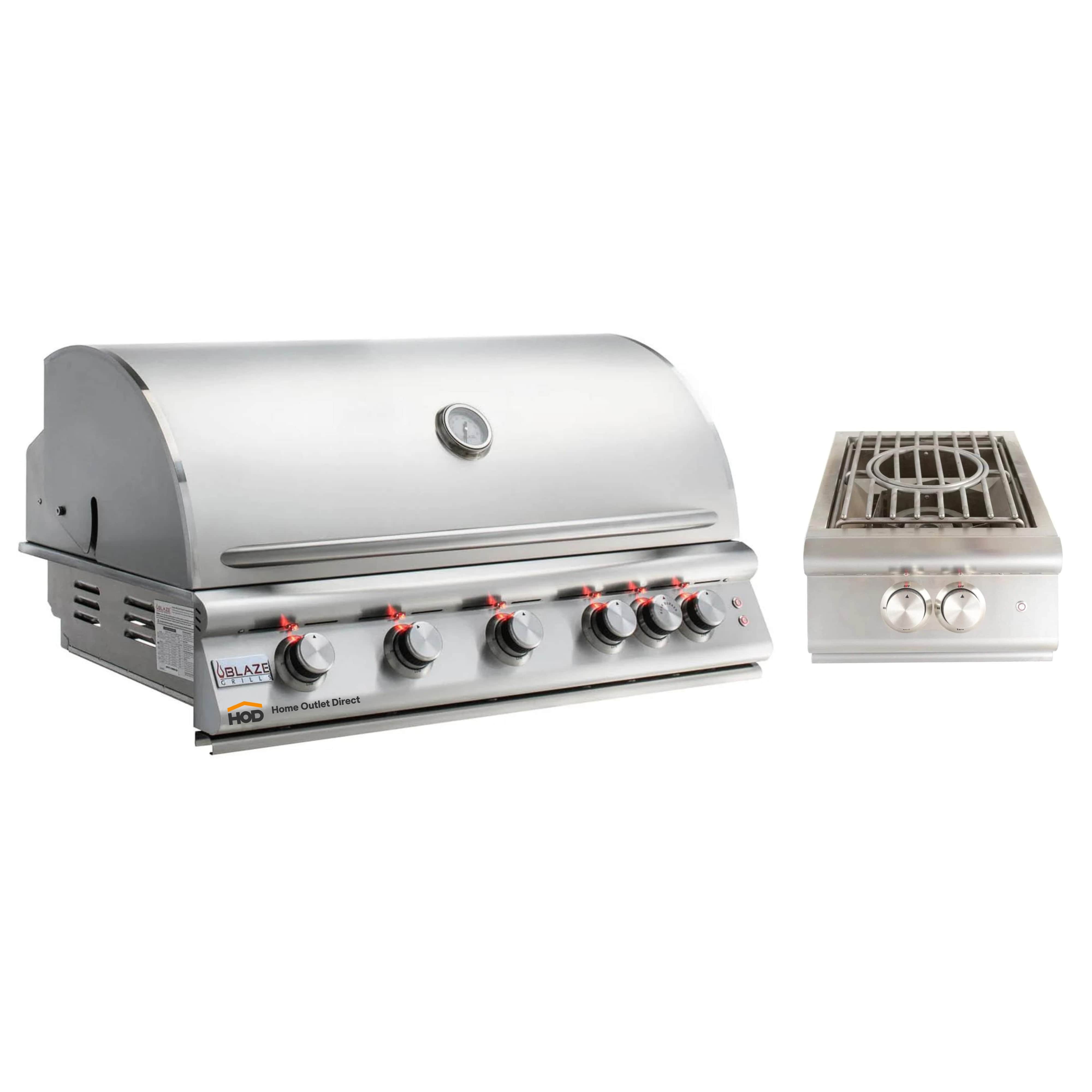 Stainless steel built-in gas grill with side burner and control knobs