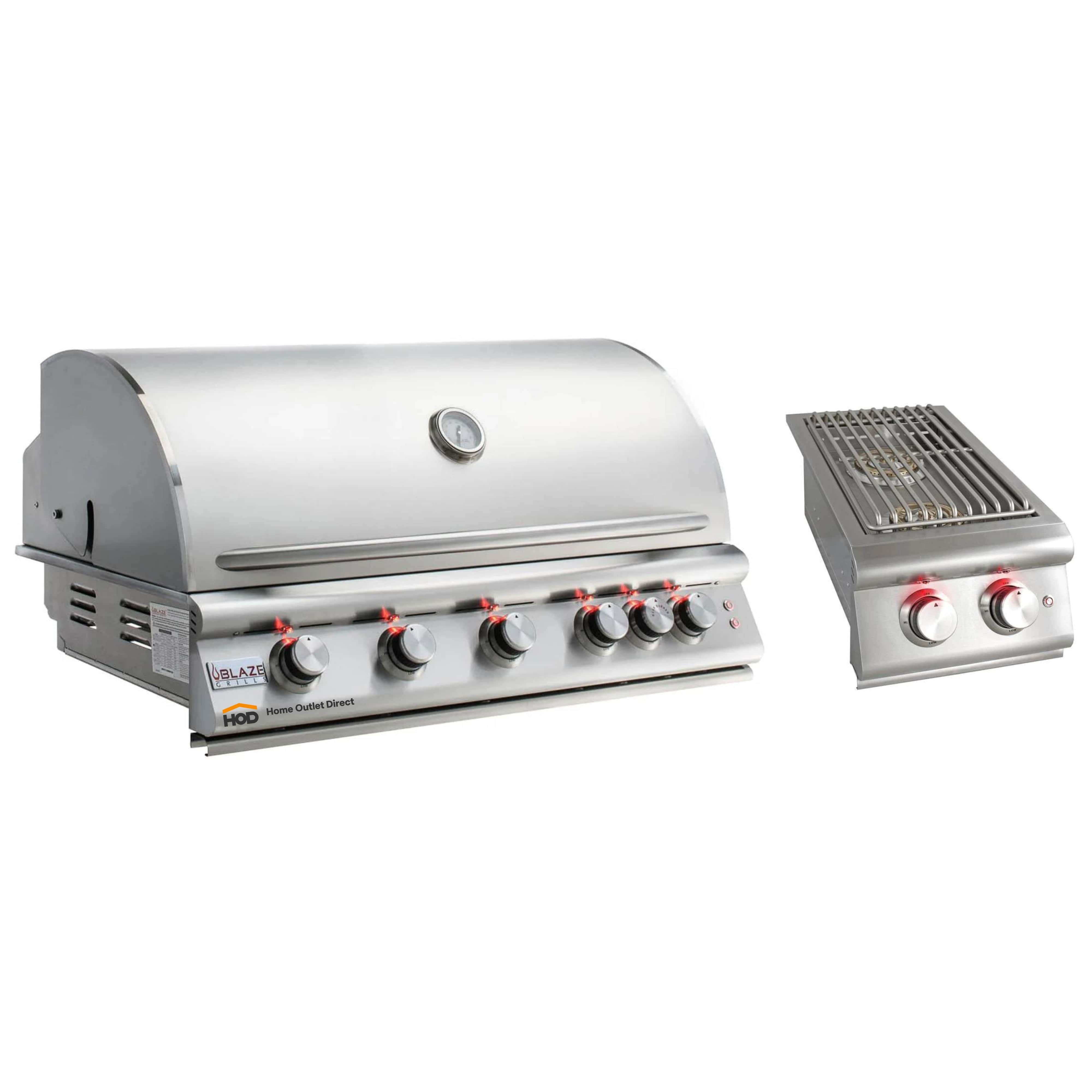 Stainless steel built-in 5-burner natural gas grill with control knobs and side burner