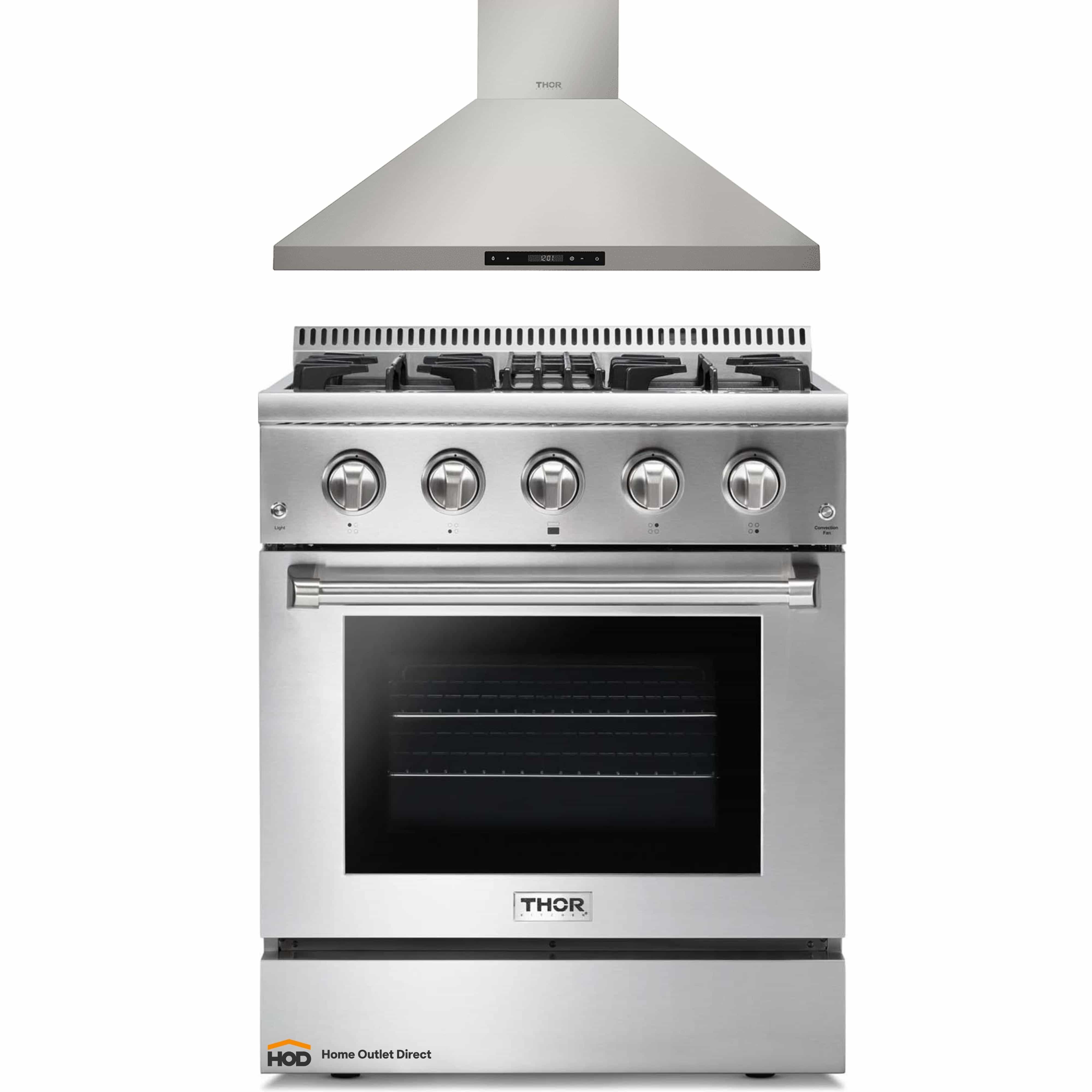 Thor Kitchen 2-Piece Pro Appliance Package - 30-Inch Dual Fuel Range & Premium Wall Mount Hood in Stainless Steel