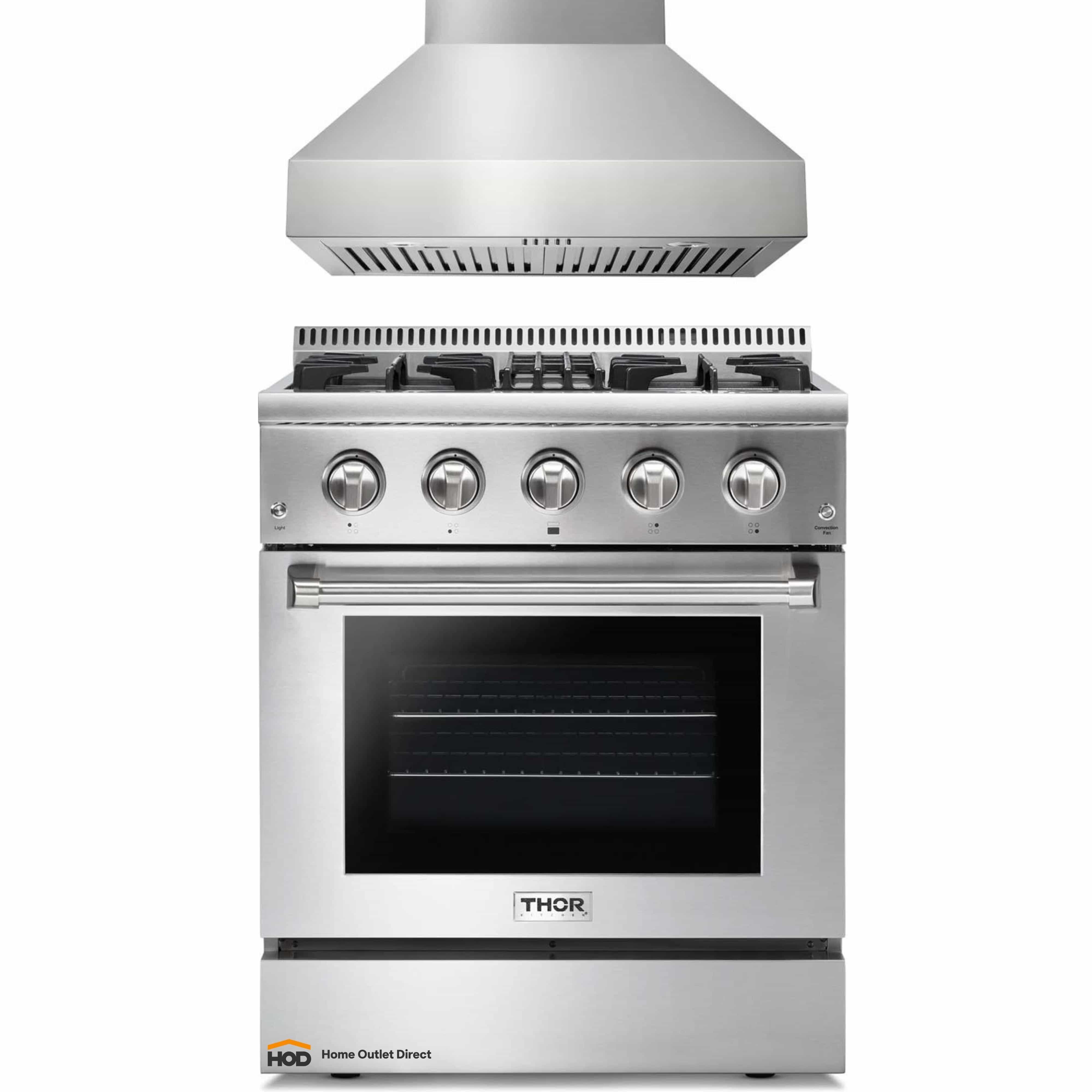 Thor Kitchen 2-Piece Pro Appliance Package - 30-Inch Dual Fuel Range & Pro-Style Wall Mount Hood in Stainless Steel