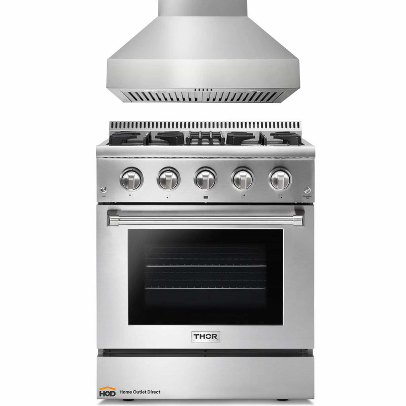 Thor Kitchen 2-Piece Pro Appliance Package - 30-Inch Dual Fuel Range & Pro-Style Wall Mount Hood in Stainless Steel