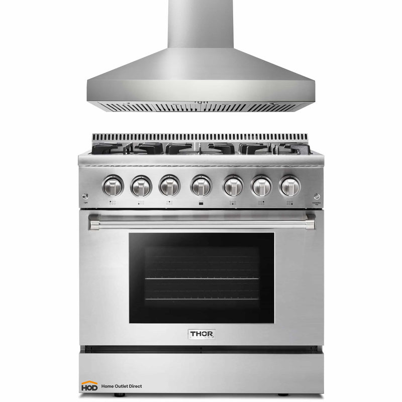 Thor Kitchen 2-Piece Pro Appliance Package - 36-Inch Dual Fuel Range & Pro-Style Wall Mount Hood in Stainless Steel