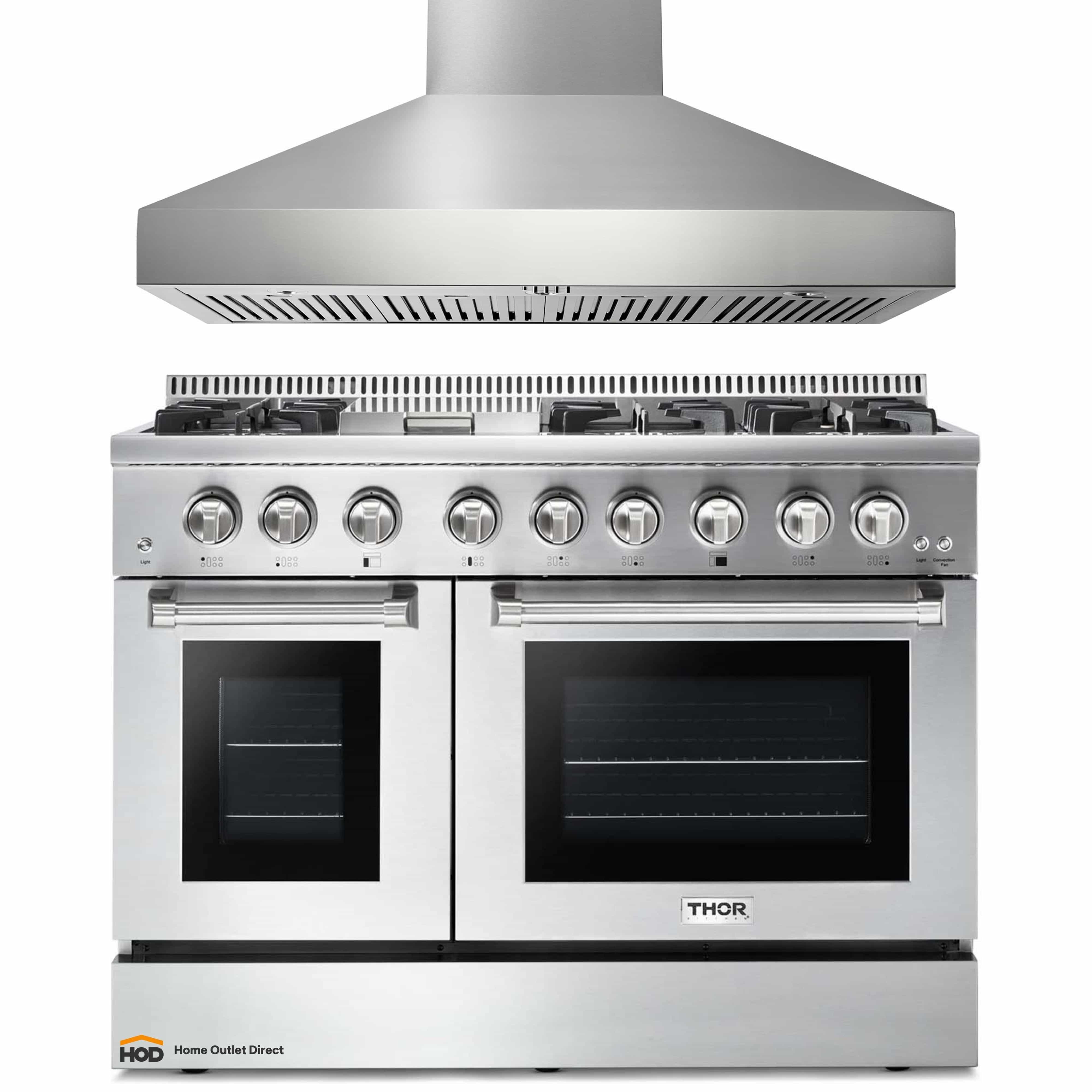 Thor Kitchen 2-Piece Pro Appliance Package - 48-Inch Dual Fuel Range & Pro Wall Mount Hood in Stainless Steel