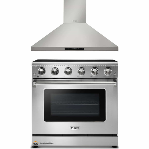 Thor Kitchen 2-Piece Appliance Package - 36-Inch Electric Range and Wall Mount Hood in Stainless Steel