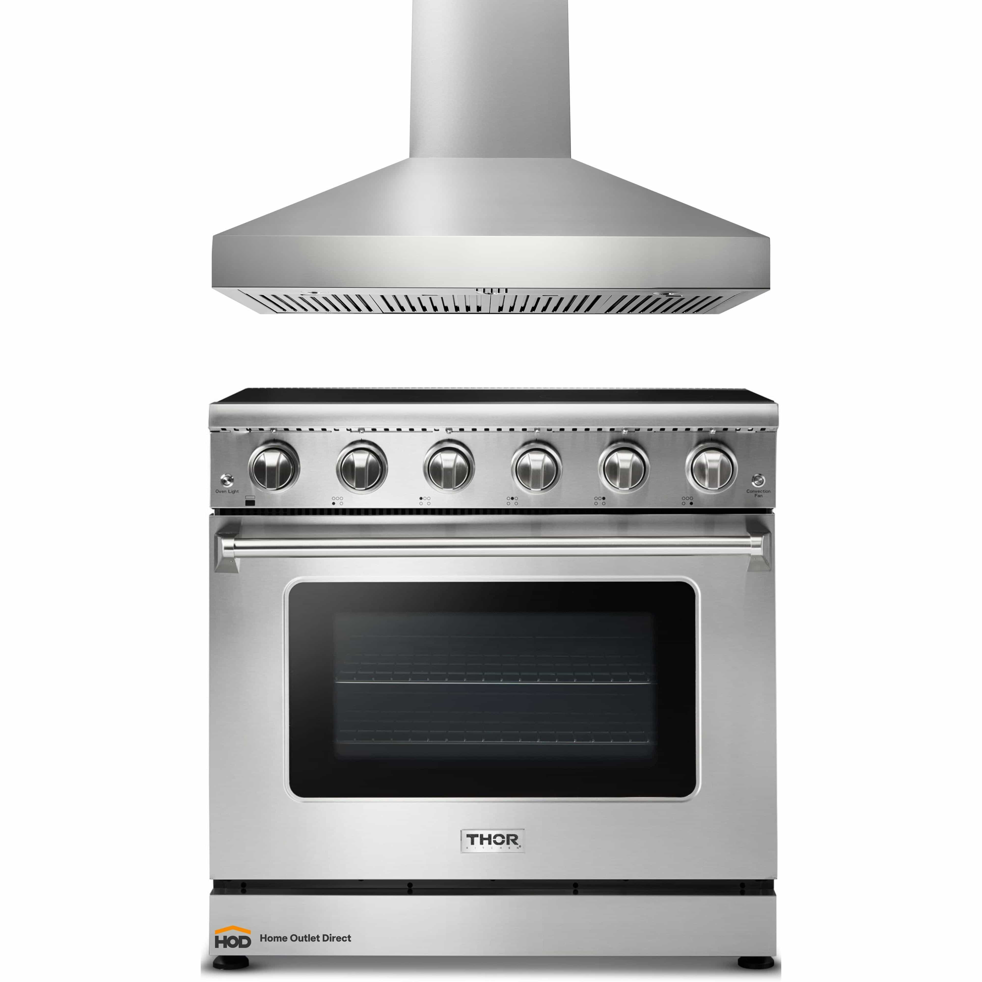 Thor Kitchen 2-Piece Appliance Package - 36-Inch Electric Range and Pro-Style Wall Mount Hood in Stainless Steel