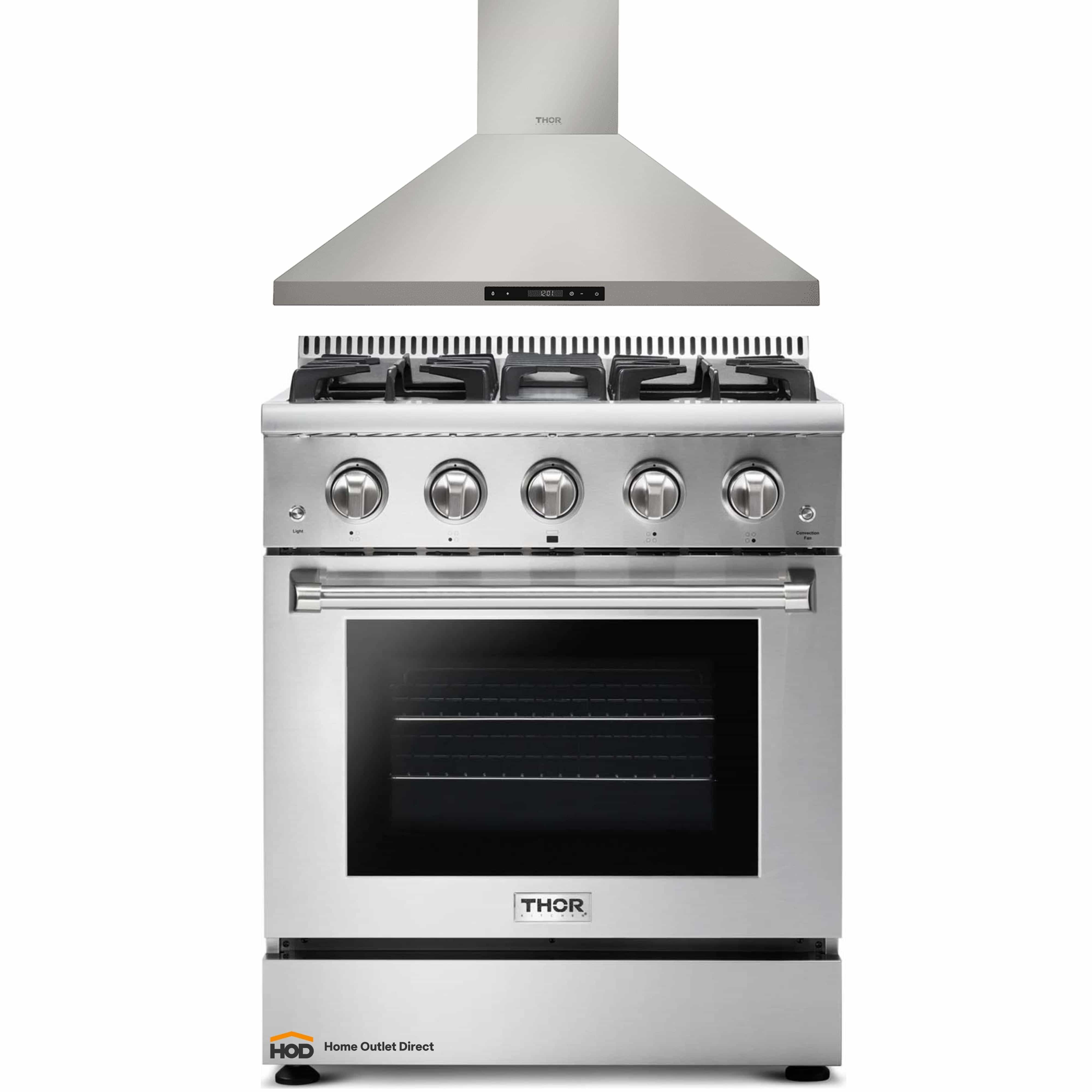 Thor Kitchen 2-Piece Pro Appliance Package - 30-Inch Gas Range & Premium Wall Mount Hood in Stainless Steel