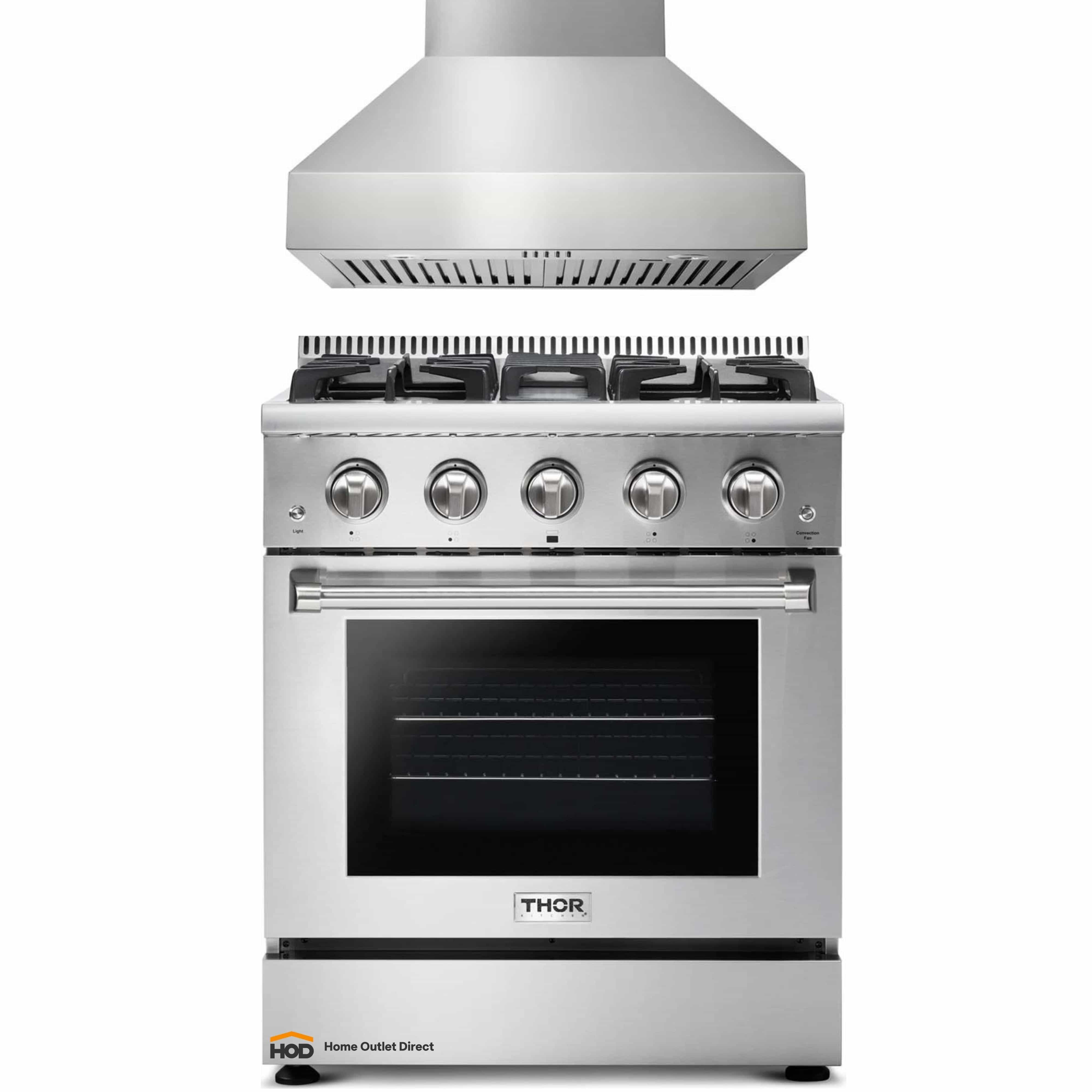 Thor Kitchen 2-Piece Pro Appliance Package - 30-Inch Gas Range & Pro-Style Wall Mount Hood in Stainless Steel