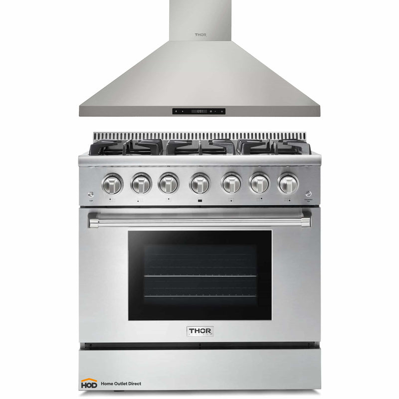 Thor Kitchen 2-Piece Pro Appliance Package - 36-Inch Gas Range & Premium Wall Mount Hood in Stainless Steel