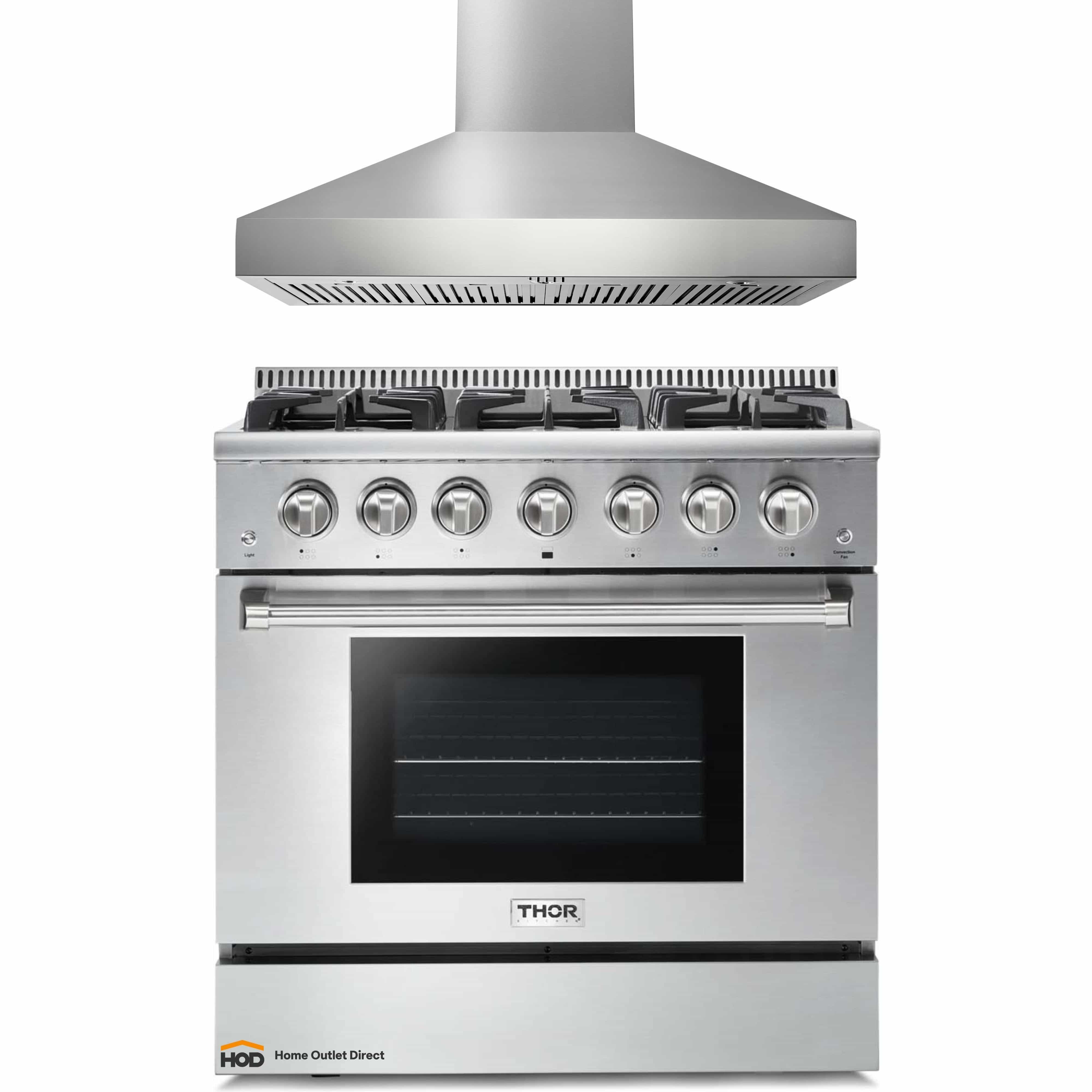 Thor Kitchen 2-Piece Pro Appliance Package - 36-Inch Gas Range & Pro-Style Wall Mount Hood in Stainless Steel