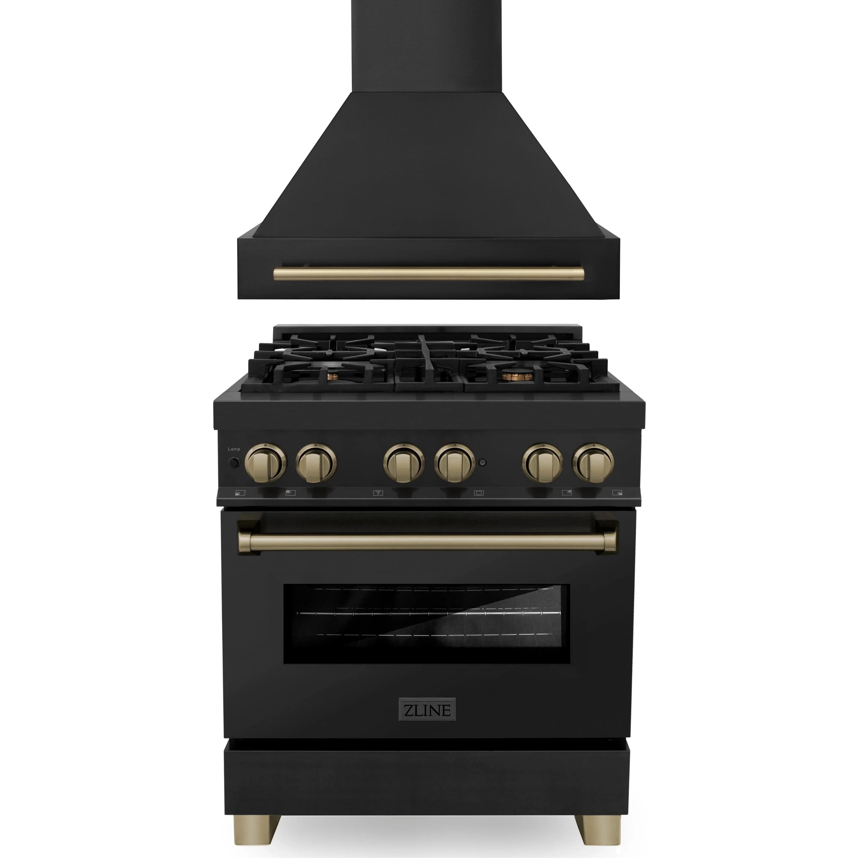 Black range and wall hood with champagne bronze accents and gold-colored handle