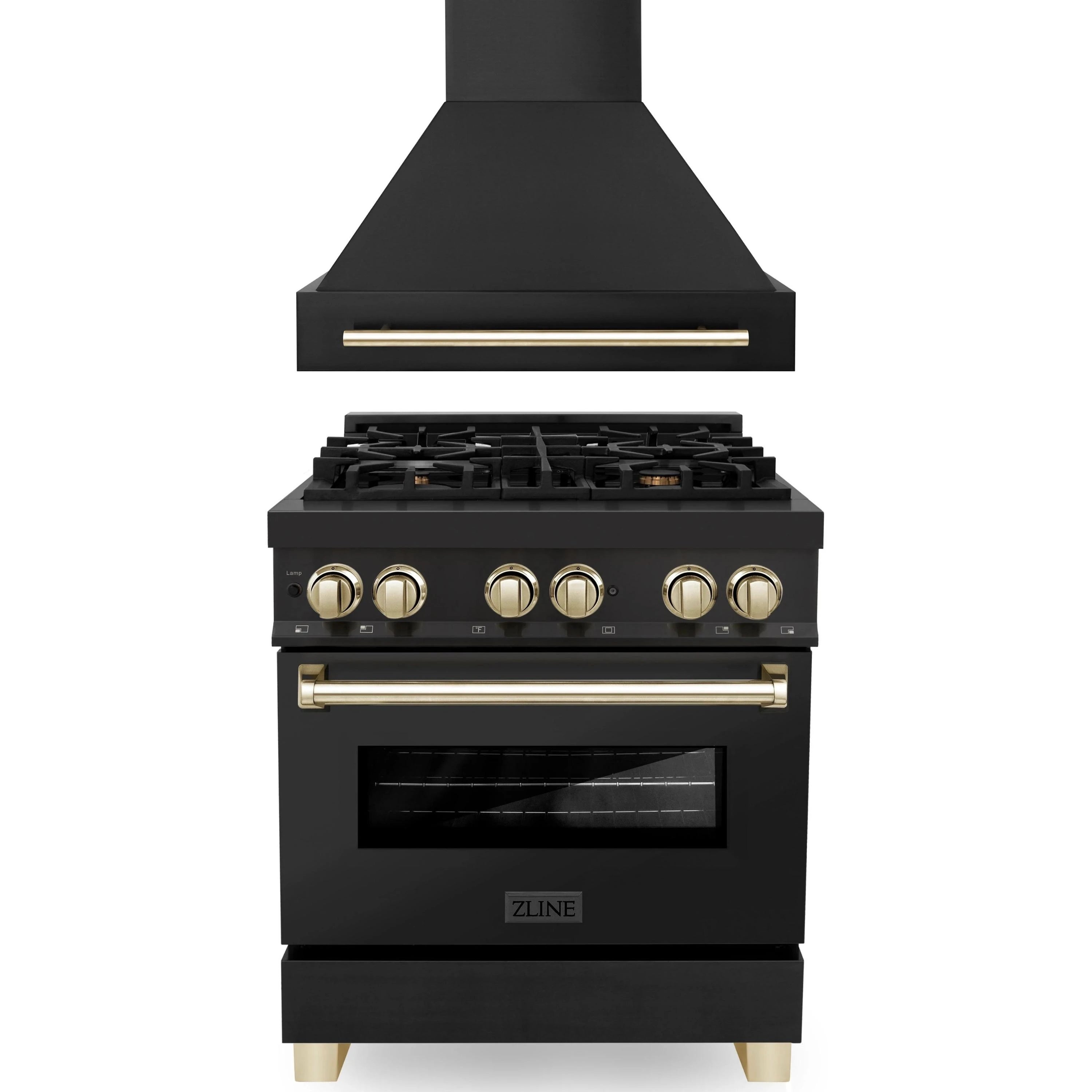Black dual fuel range with gold trim and matching wall hood above