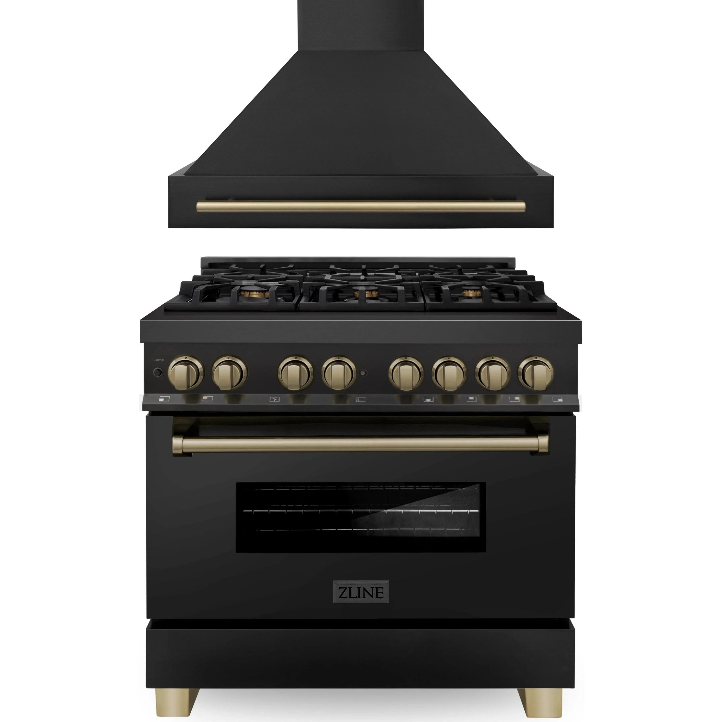 Black stainless dual fuel range with champagne bronze knobs and ZLINE badge