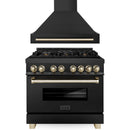 ZLINE Autograph Edition 2-Piece Appliance Package - 36-Inch Dual Fuel Range & Wall Mounted Range Hood in Black Stainless Steel with Gold Trim (2AKP-RABRH36-G)