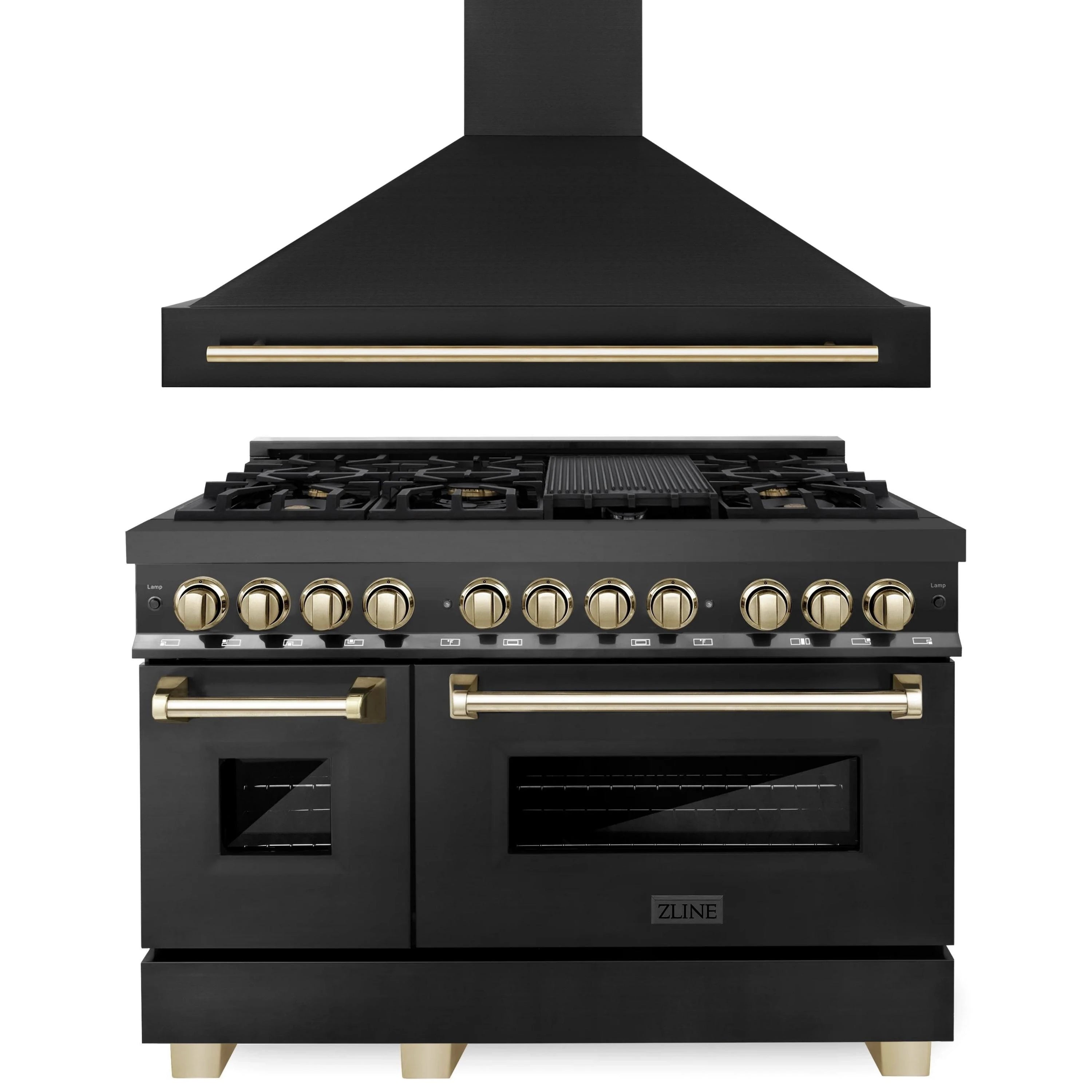 Black stainless range hood with gold trim bar, chimney-style canopy.