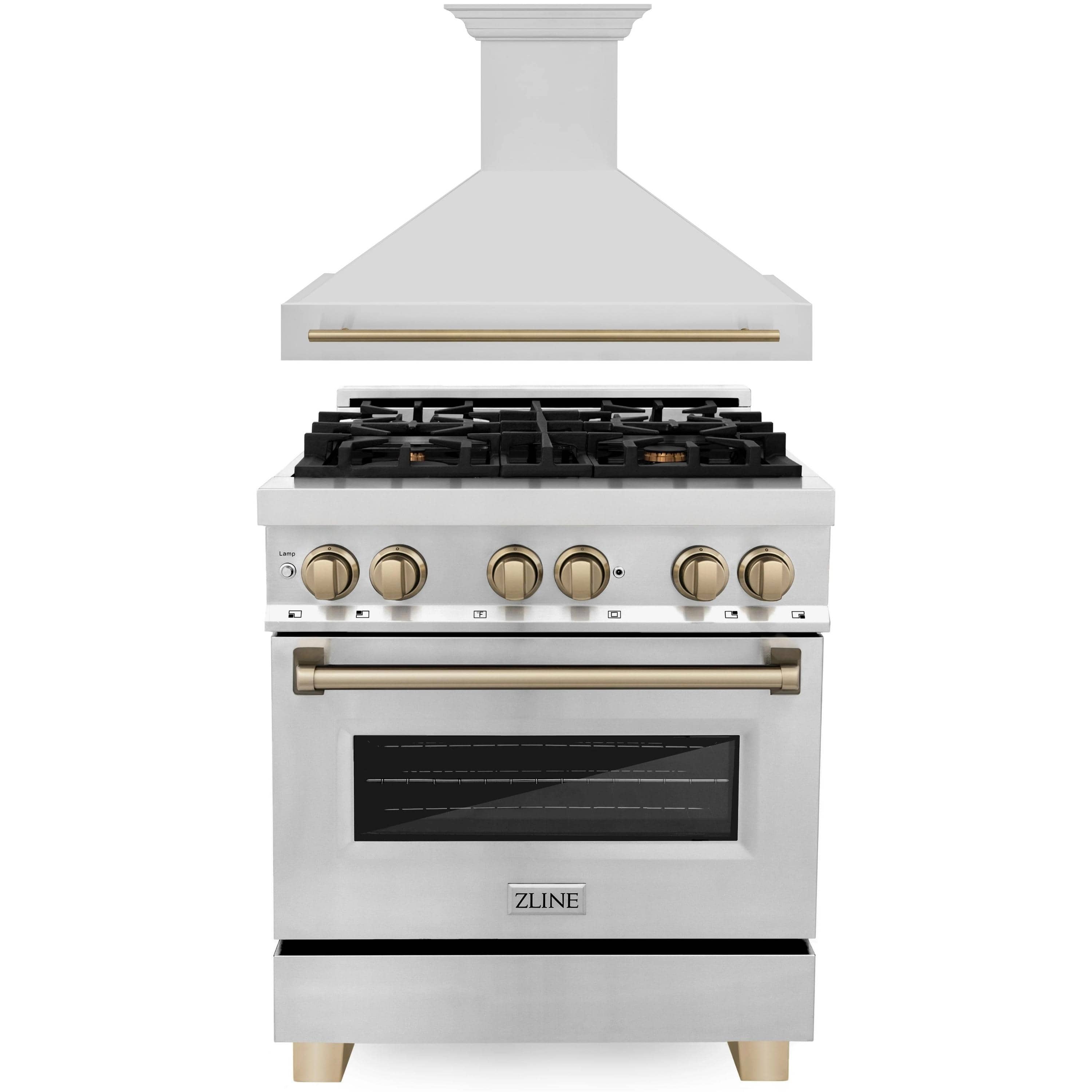 30-inch dual fuel range with stainless front, bronze knobs, black cooktop and oven window