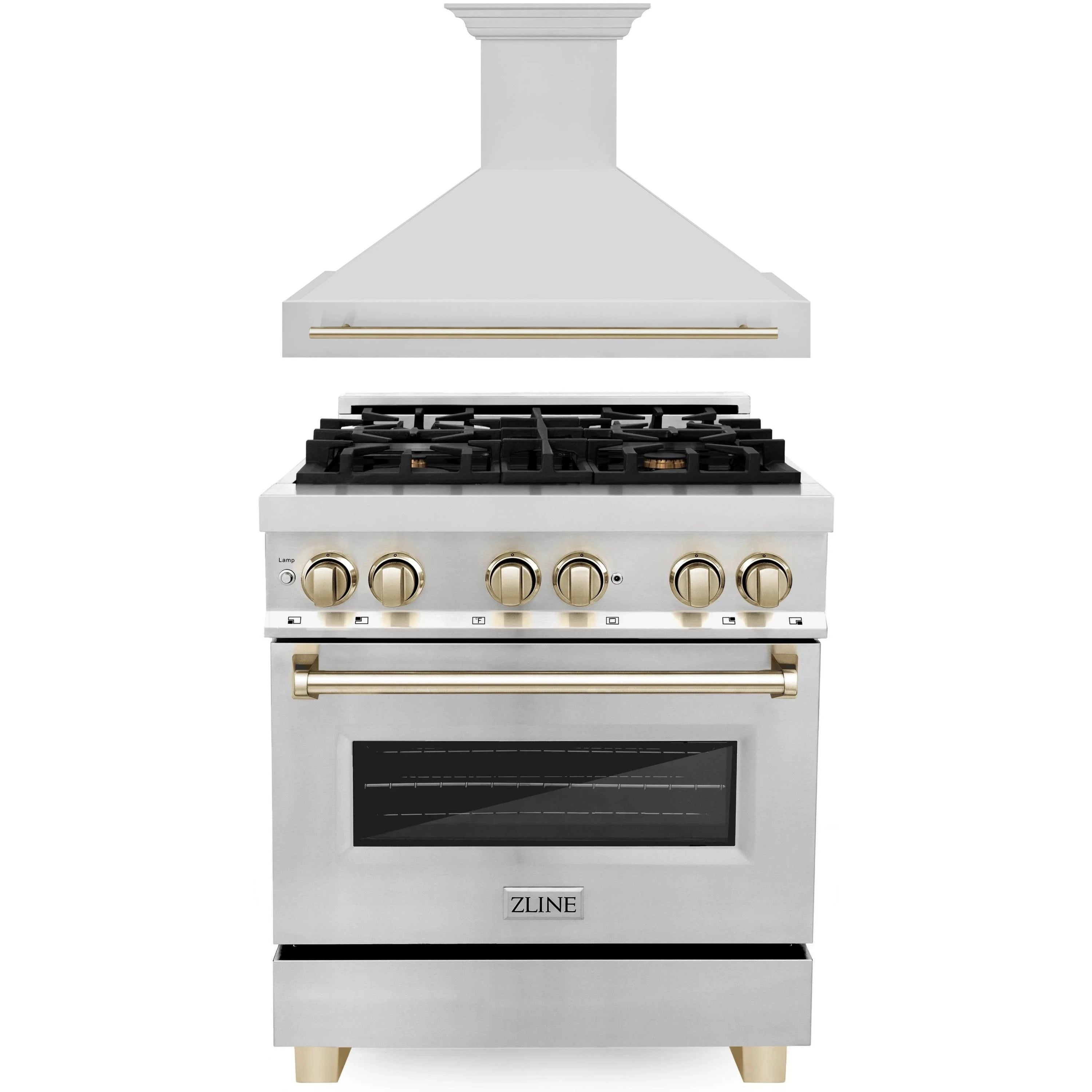 ZLINE Autograph Edition 2-Piece Appliance Package - 30-Inch Dual Fuel Range & Wall Mounted Range Hood in Stainless Steel with Gold Trim (2AKP-RARH30-G)