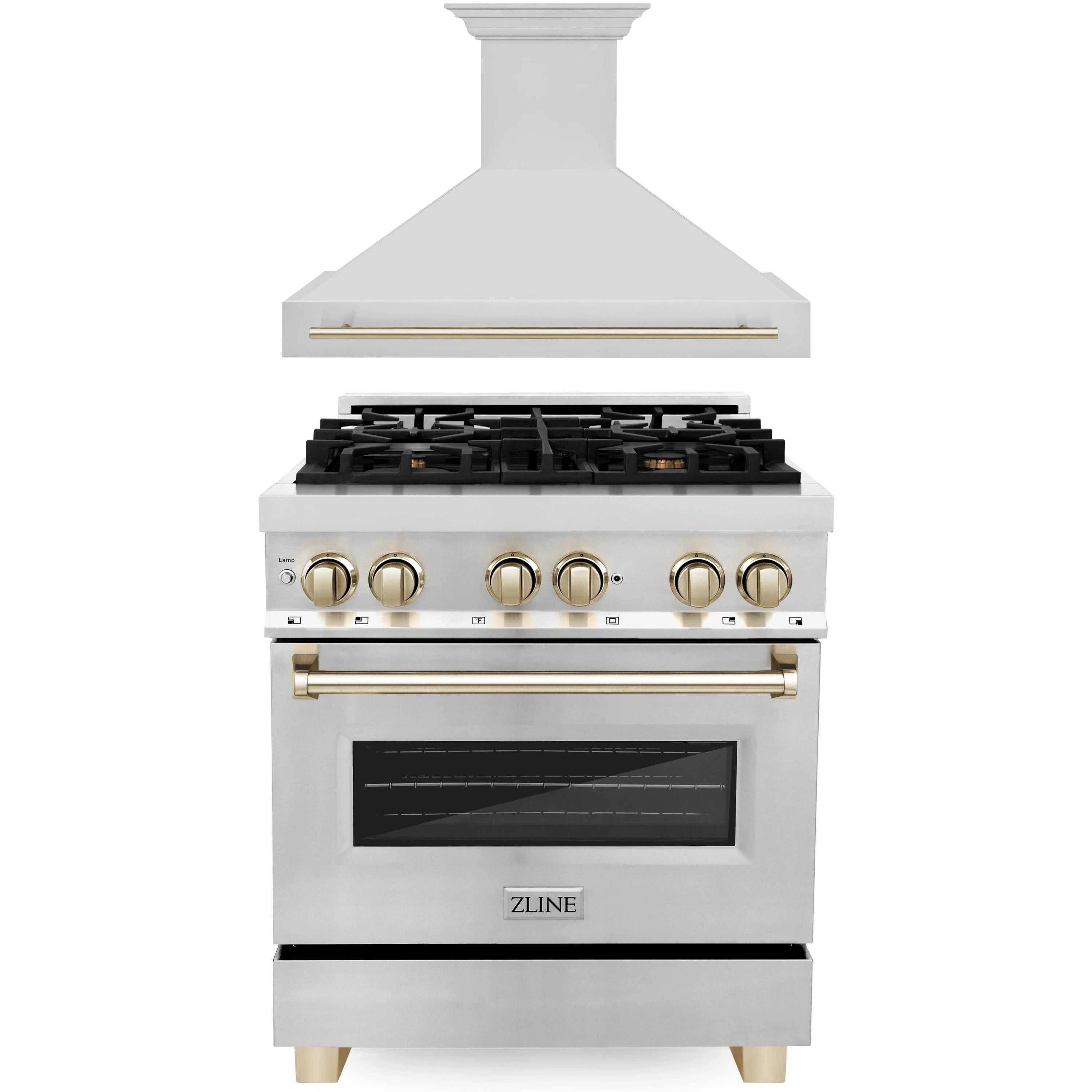 Stainless steel dual fuel range with black grates and gold-trimmed controls