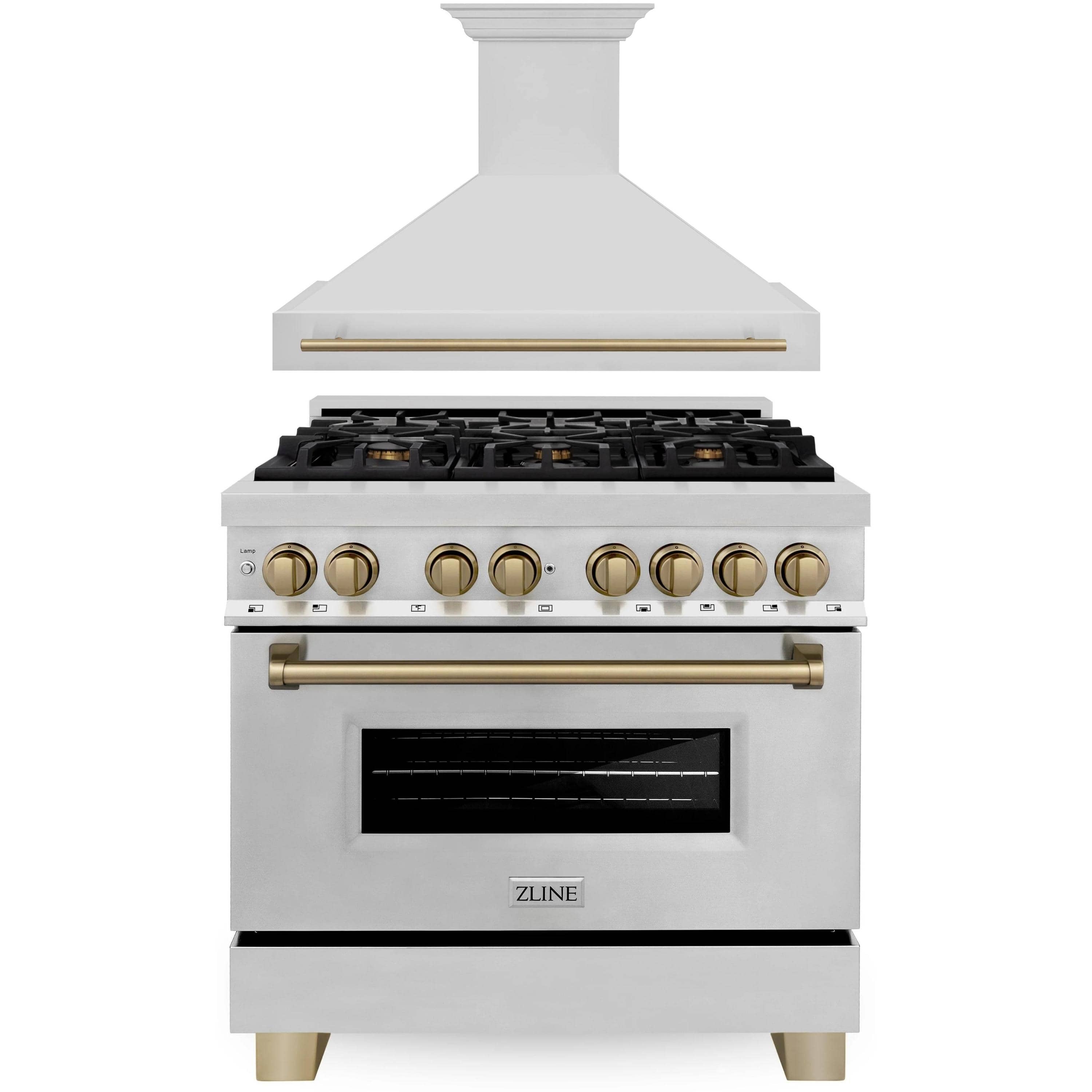 ZLINE Autograph Edition 2-Piece Appliance Package - 36-Inch Dual Fuel Range and Wall Mounted Range Hood in Stainless Steel with Champagne Bronze Trim (2AKP-RARH36-CB)