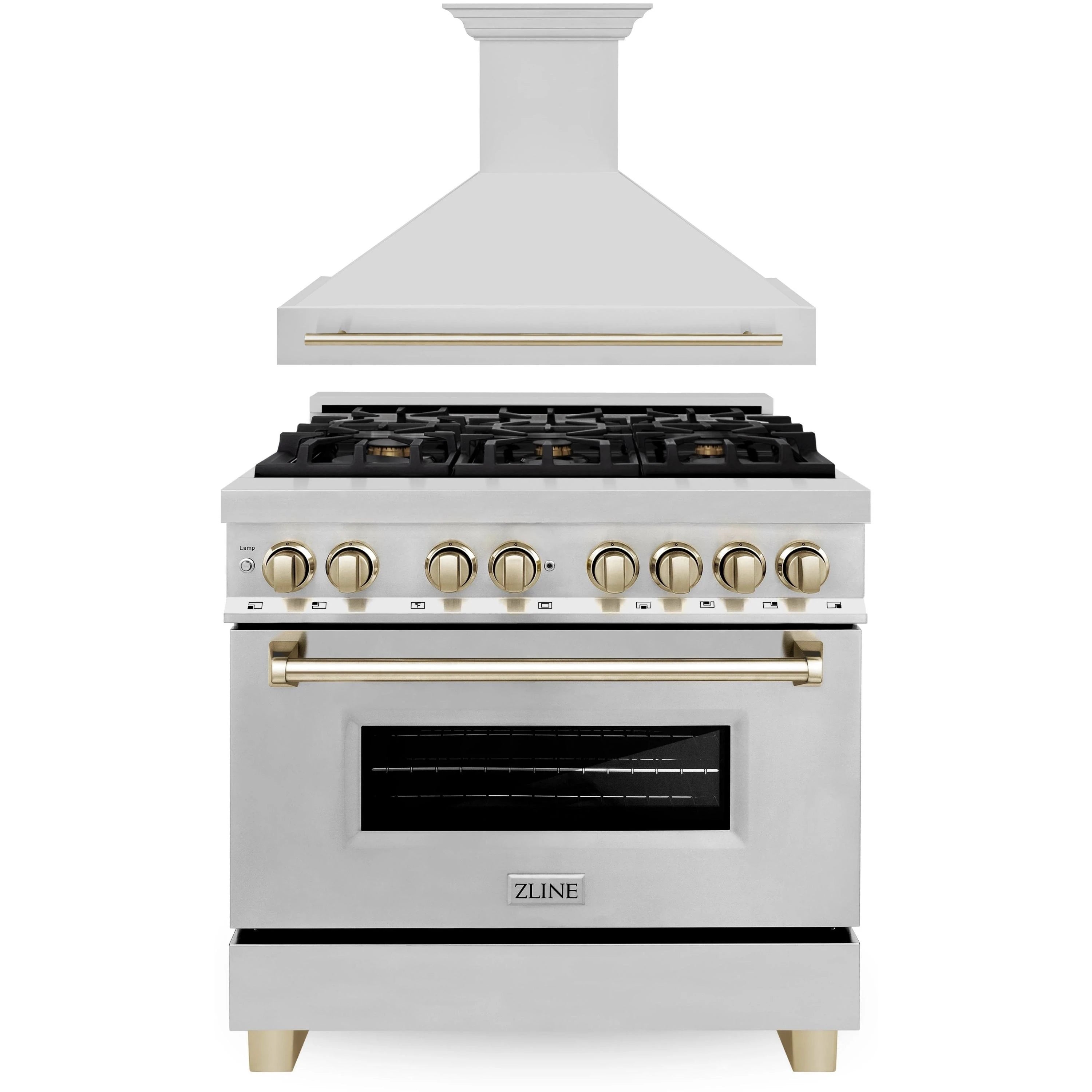 Stainless steel dual fuel range with gold control knobs, grates, and oven window