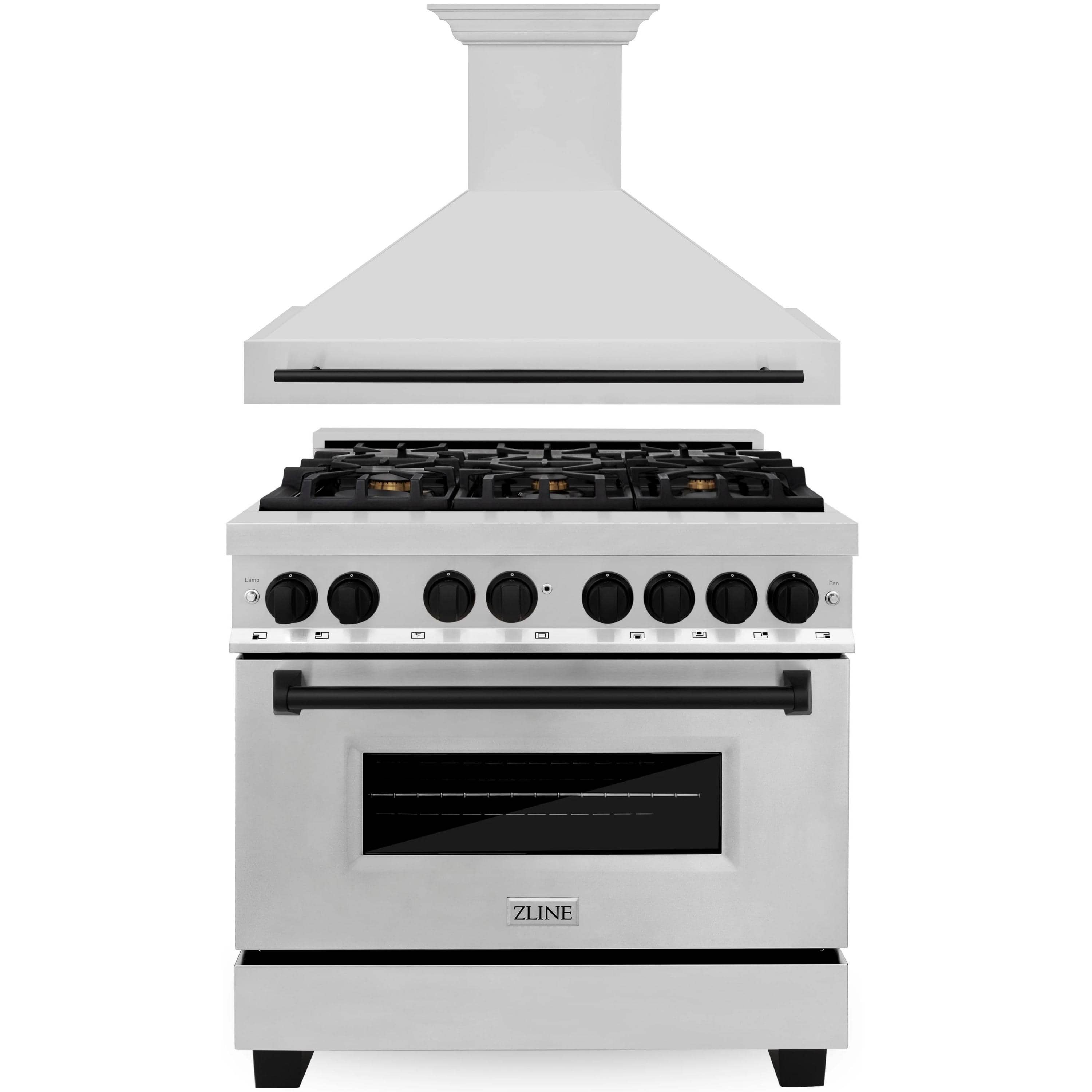 Stainless steel dual fuel range with matte black trim and wall hood, front view