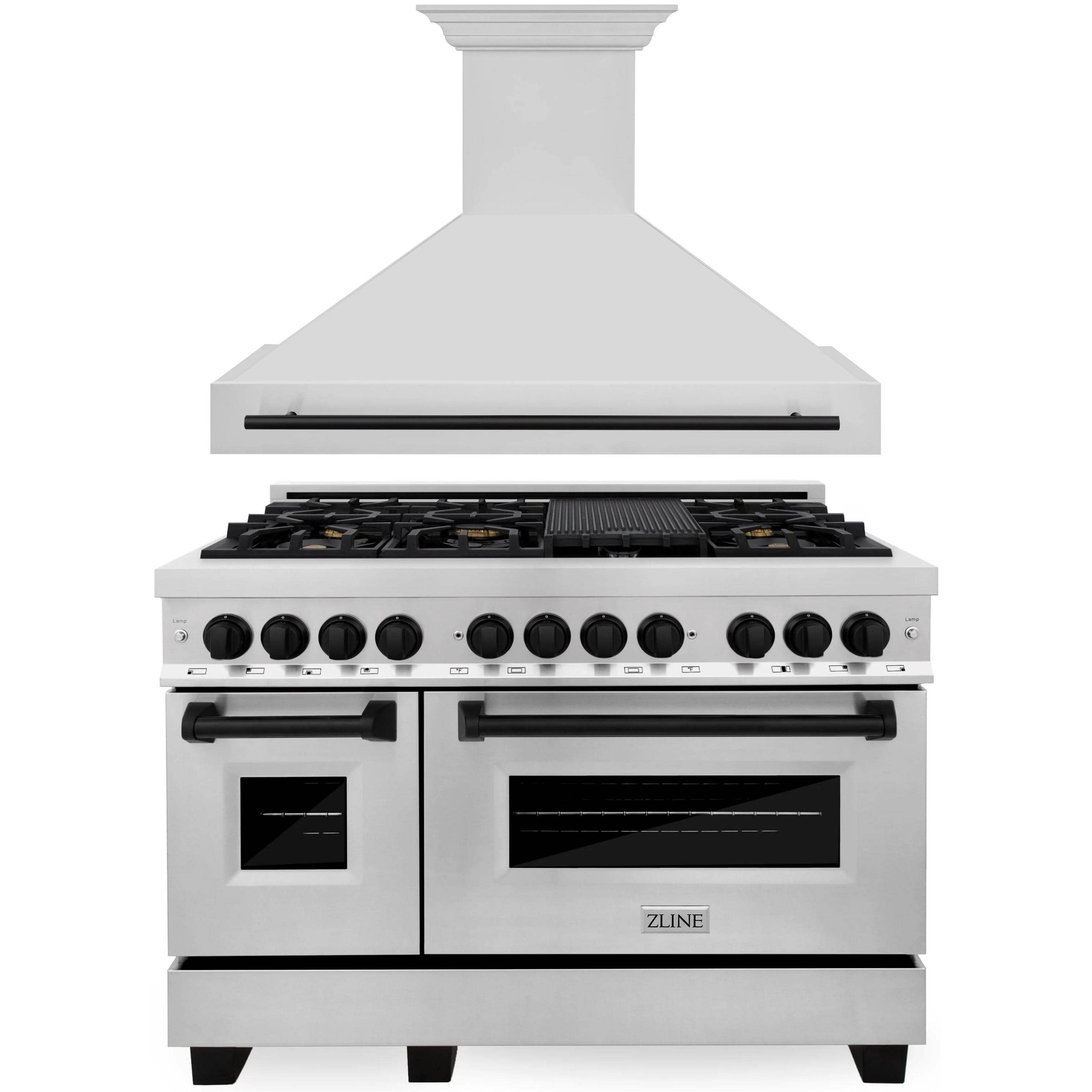 Stainless steel wall range hood with matte black underside and vent opening