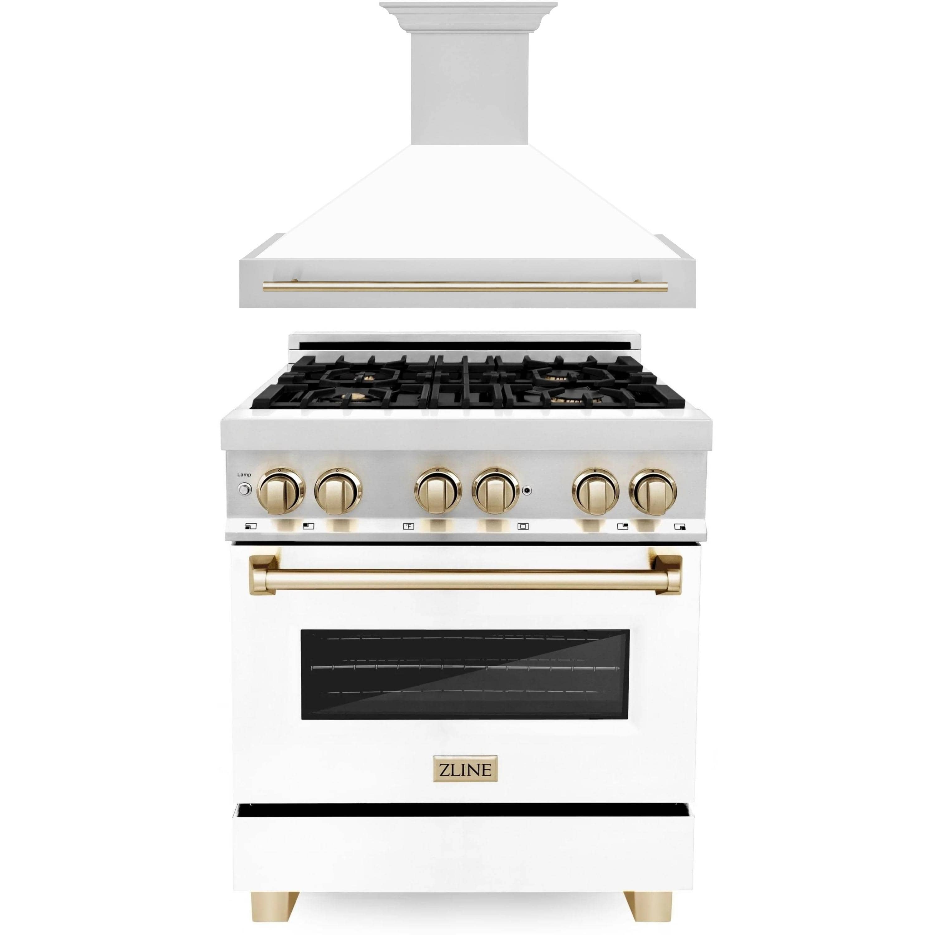 ZLINE Autograph Edition 2-Piece Appliance Package - 30-Inch Dual Fuel Range & Wall Mounted Range Hood in Stainless Steel and White Door with Gold Trim (2AKP-RAWMRH30-G)