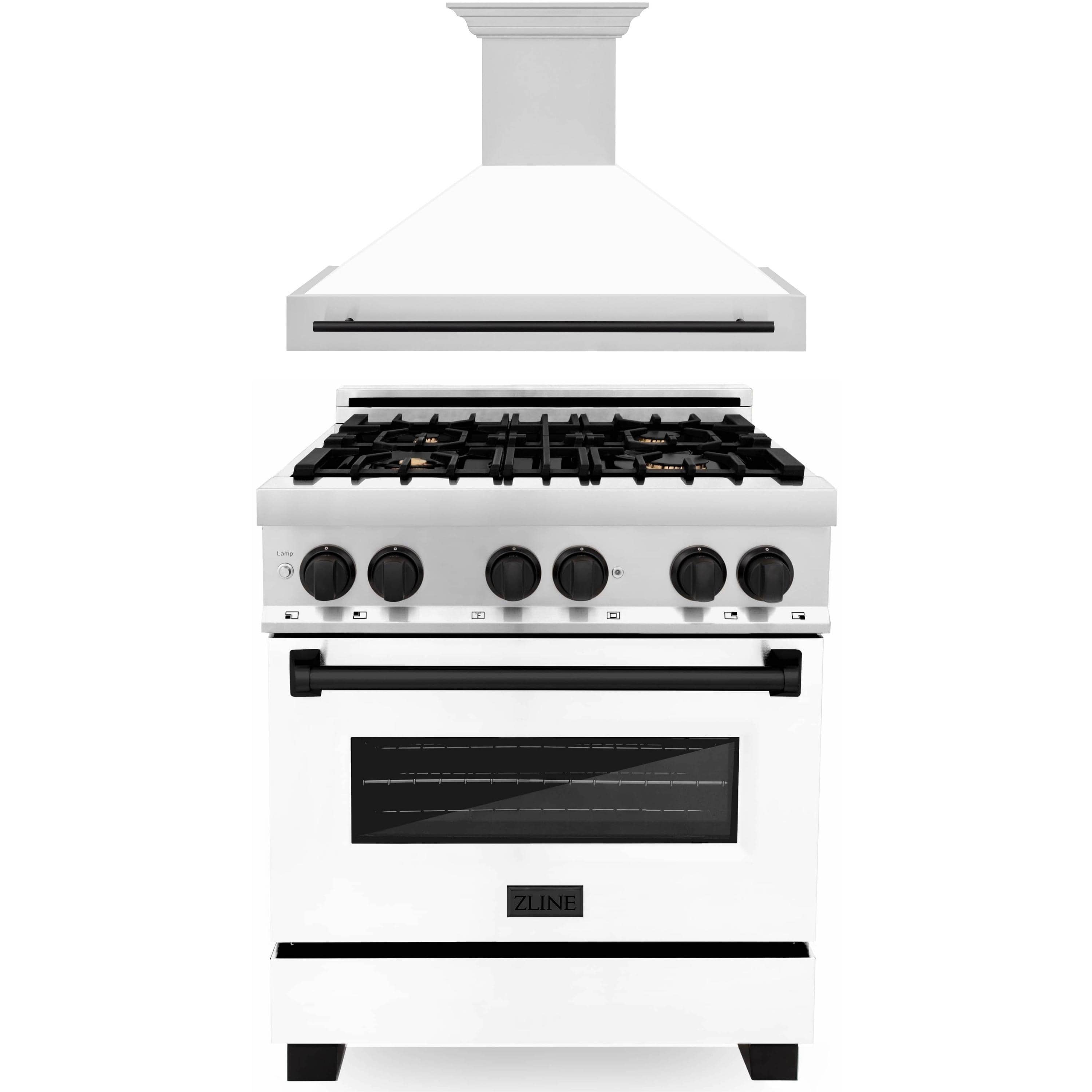 ZLINE Autograph Edition 2-Piece Appliance Package - 30-Inch Dual Fuel Range & Wall Mounted Range Hood in Stainless Steel and White Door with Matte Black Trim (2AKP-RAWMRH30-MB)