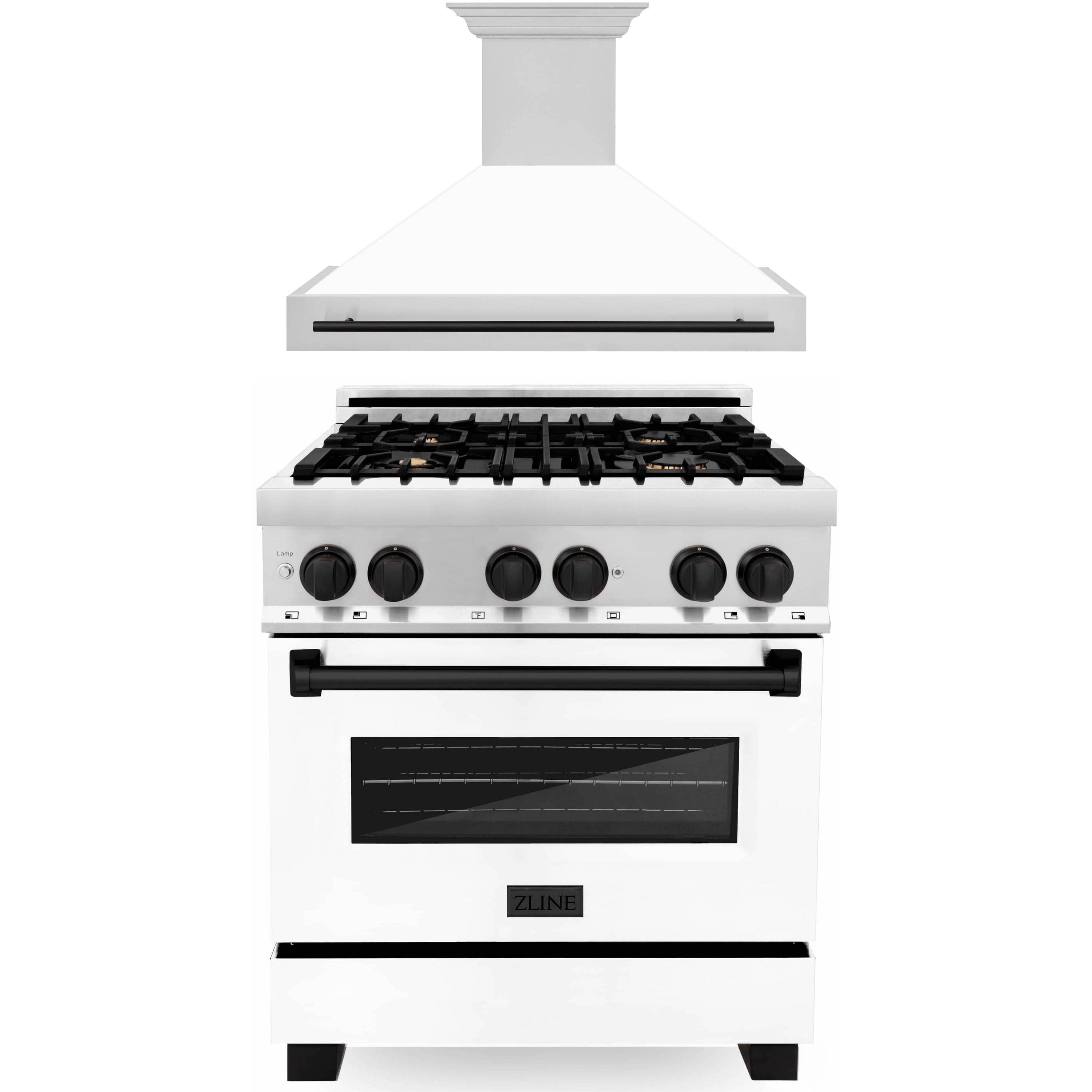 Wall-mounted range hood and dual-fuel stainless steel range with black controls