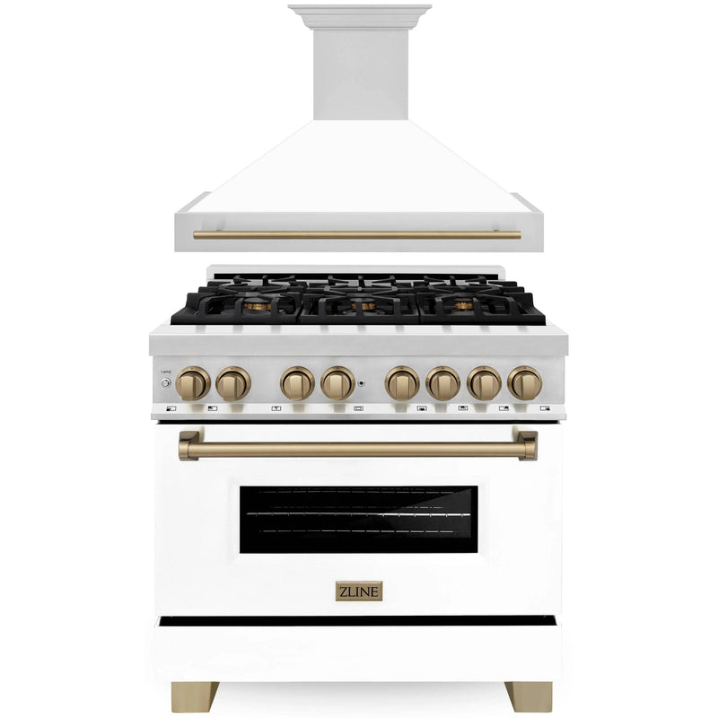 ZLINE Autograph Edition 2-Piece Appliance Package - 36-Inch Dual Fuel Range and Wall Mounted Range Hood in Stainless Steel and White Door with Champagne Bronze Trim (2AKP-RAWMRH36-CB)
