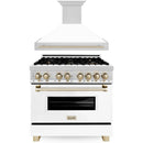 ZLINE Autograph Edition 2-Piece Appliance Package - 36-Inch Dual Fuel Range & Wall Mounted Range Hood in Stainless Steel and White Door with Gold Trim (2AKP-RAWMRH36-G)