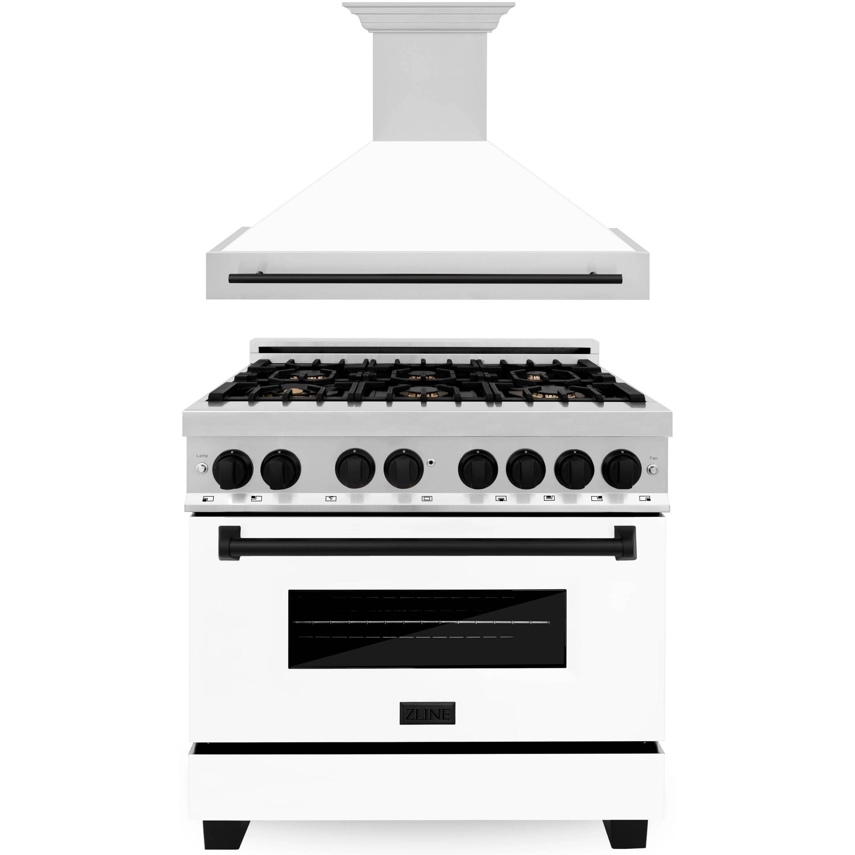 Stainless dual-fuel range with wall hood, matte black trim, and white oven door