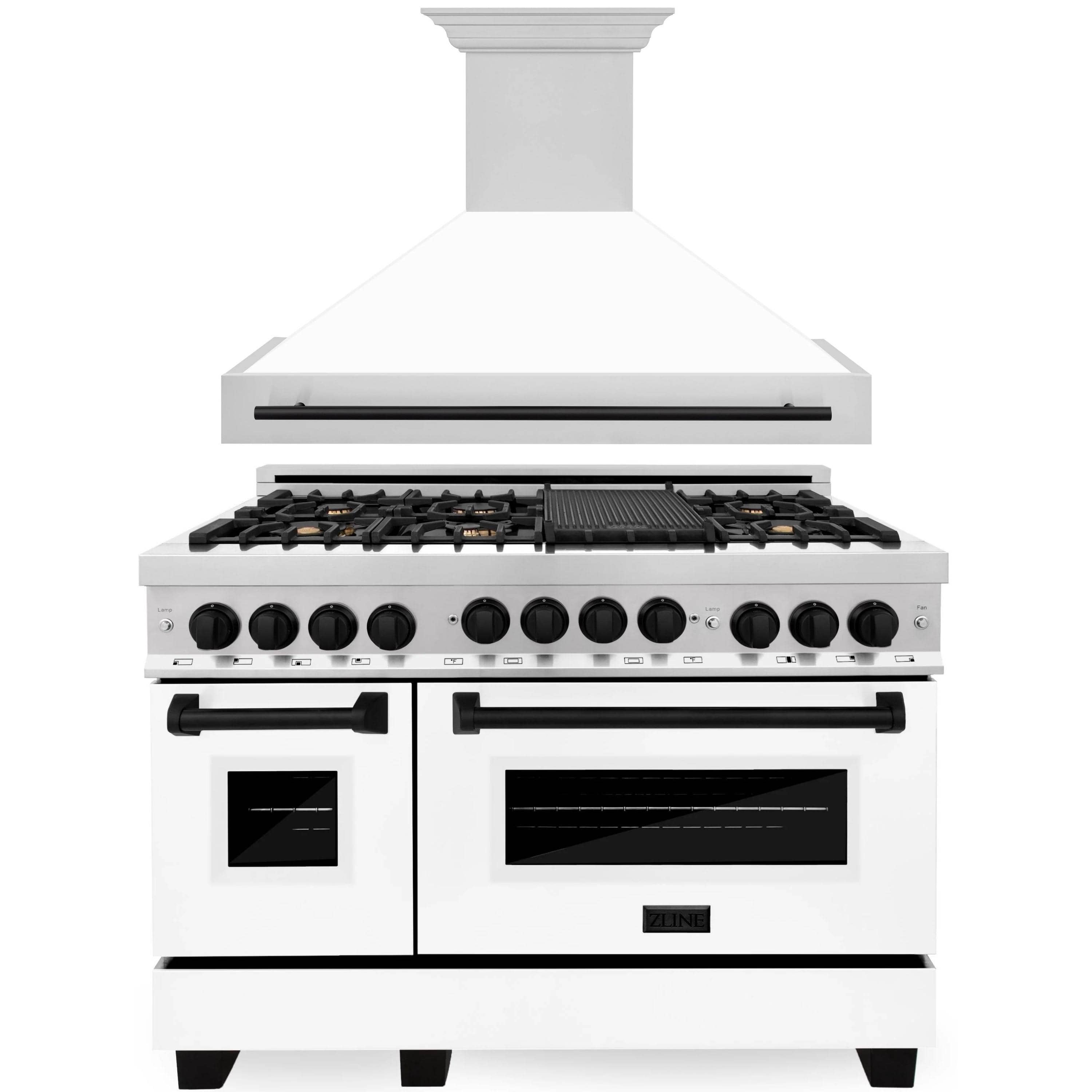 ZLINE Autograph Edition 2-Piece Appliance Package - 48-Inch Gas Range & Wall Mounted Range Hood in Stainless Steel and White Door with Matte Black Trim (2AKPR-RGWMRH48-MB)